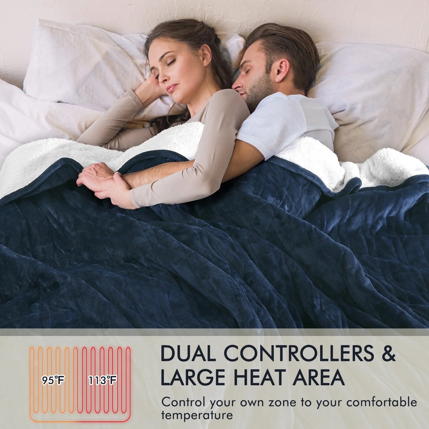 MARNUR Electric Heated Blanket King Size 90''x100'', Fast Heating with Dual Controllers, 10 Heating Levels, 10H Timers, Preheat Function Machine Washable - Dark Blue