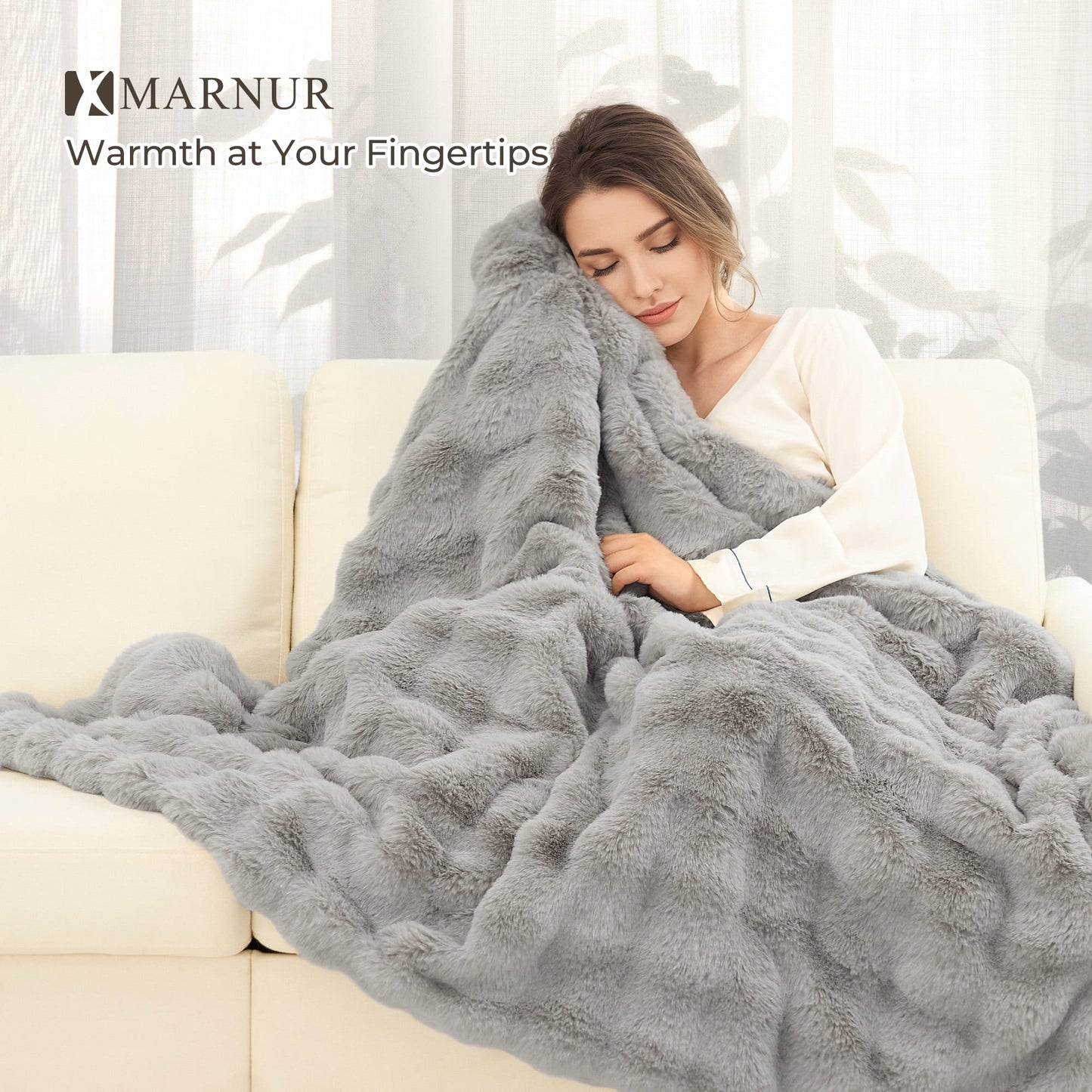 MARNUR 50"x60" Electric Blanket, Faux Fur Heated Blanket, 6 Heating Levels, 4-Hour Timer, Grey