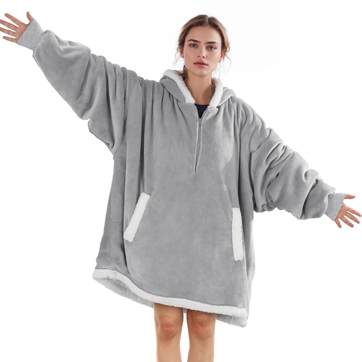 MARNUR Wearable Blanket Hoodie for Men, Women, Flannel and Shu Velvet - Gray