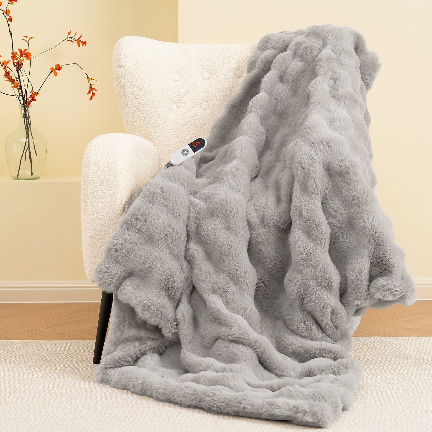MARNUR 50"x60" Electric Blanket, Faux Fur Heated Blanket, 6 Heating Levels, 4-Hour Timer, Grey