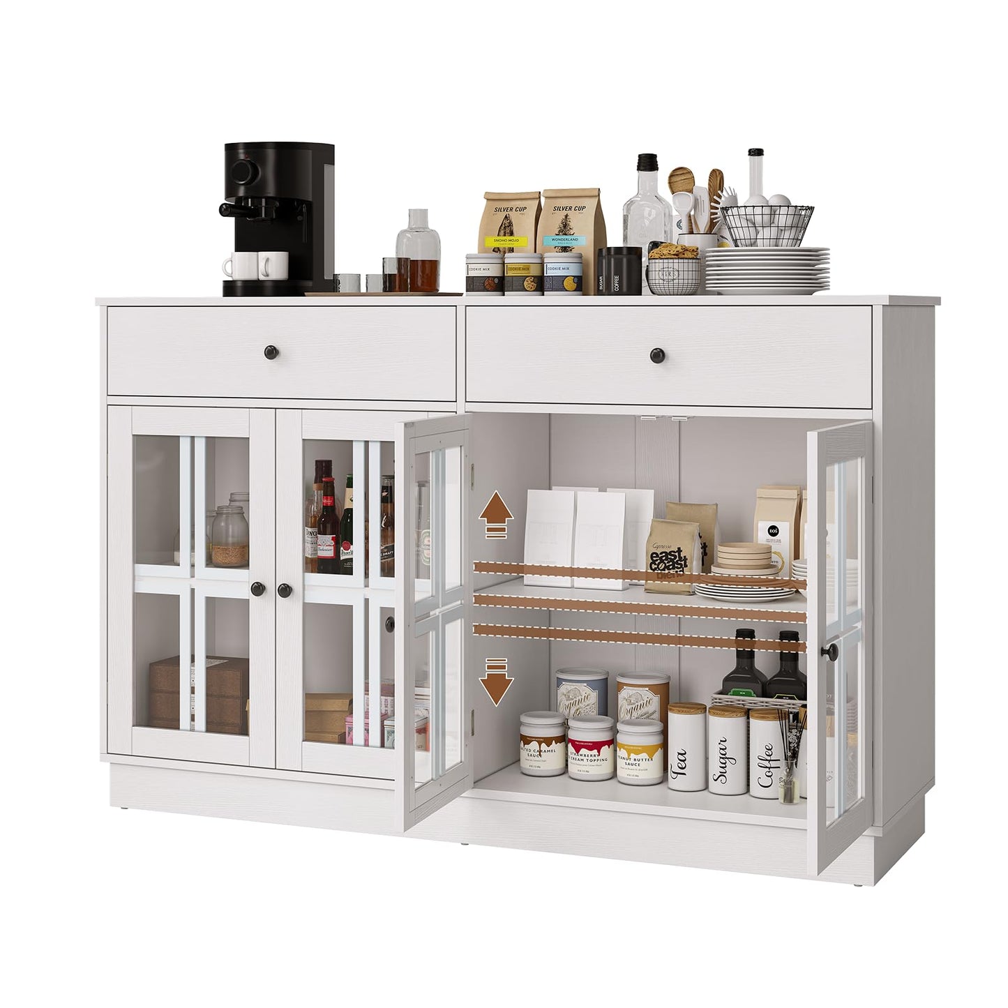 MARNUR Sideboard Buffet Cabinet with Storage, 53.3" Modern Sideboard Buffet with 4 Tempered Glass Doors & 2 Drawers, LED Light for Dining Room, Kitchen, Living Room, White