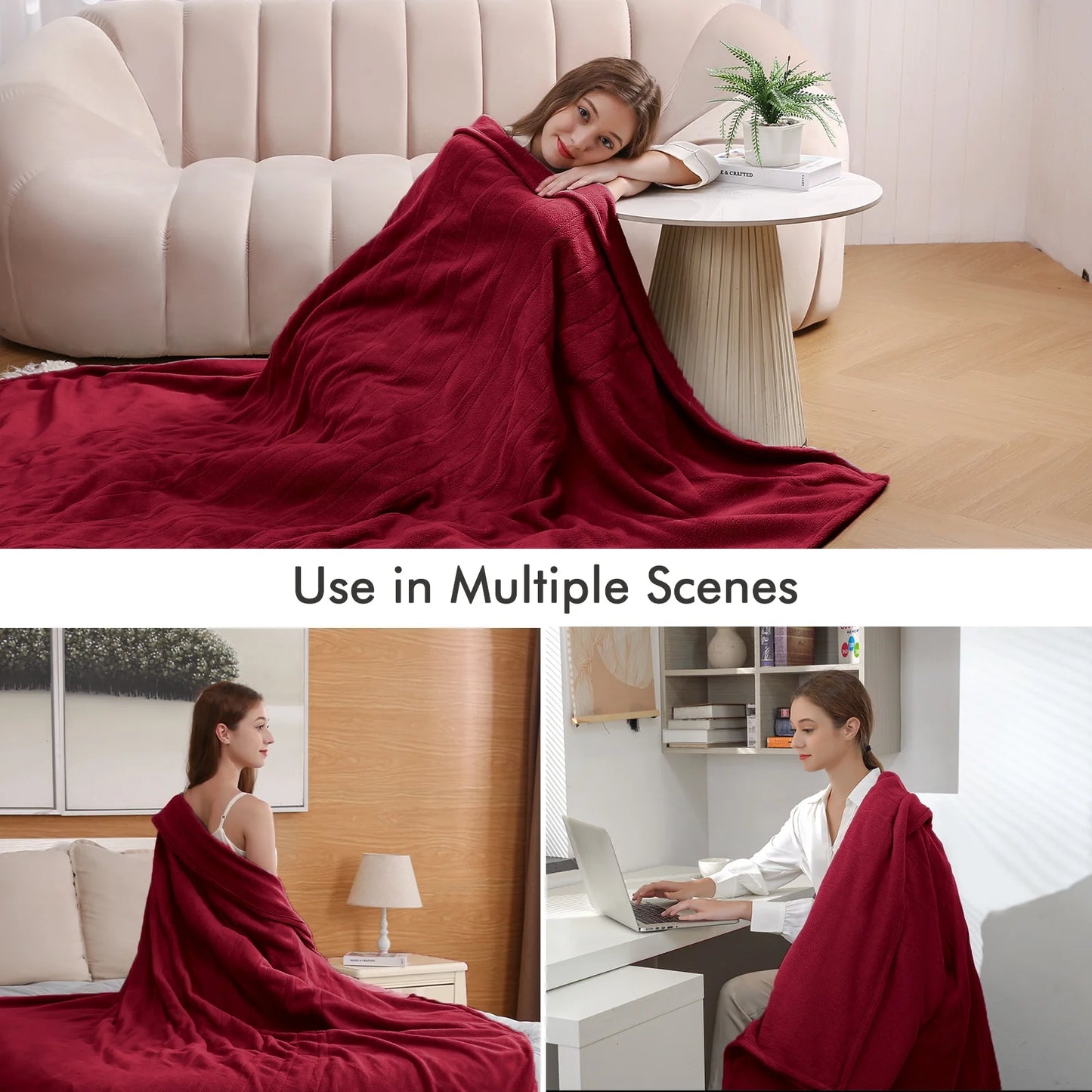 MARNUR Electric Heated Blanket Polar Fleece Full Size 72''x 84'' with 6 Heating Levels 10H Timer Machine Washable - Red