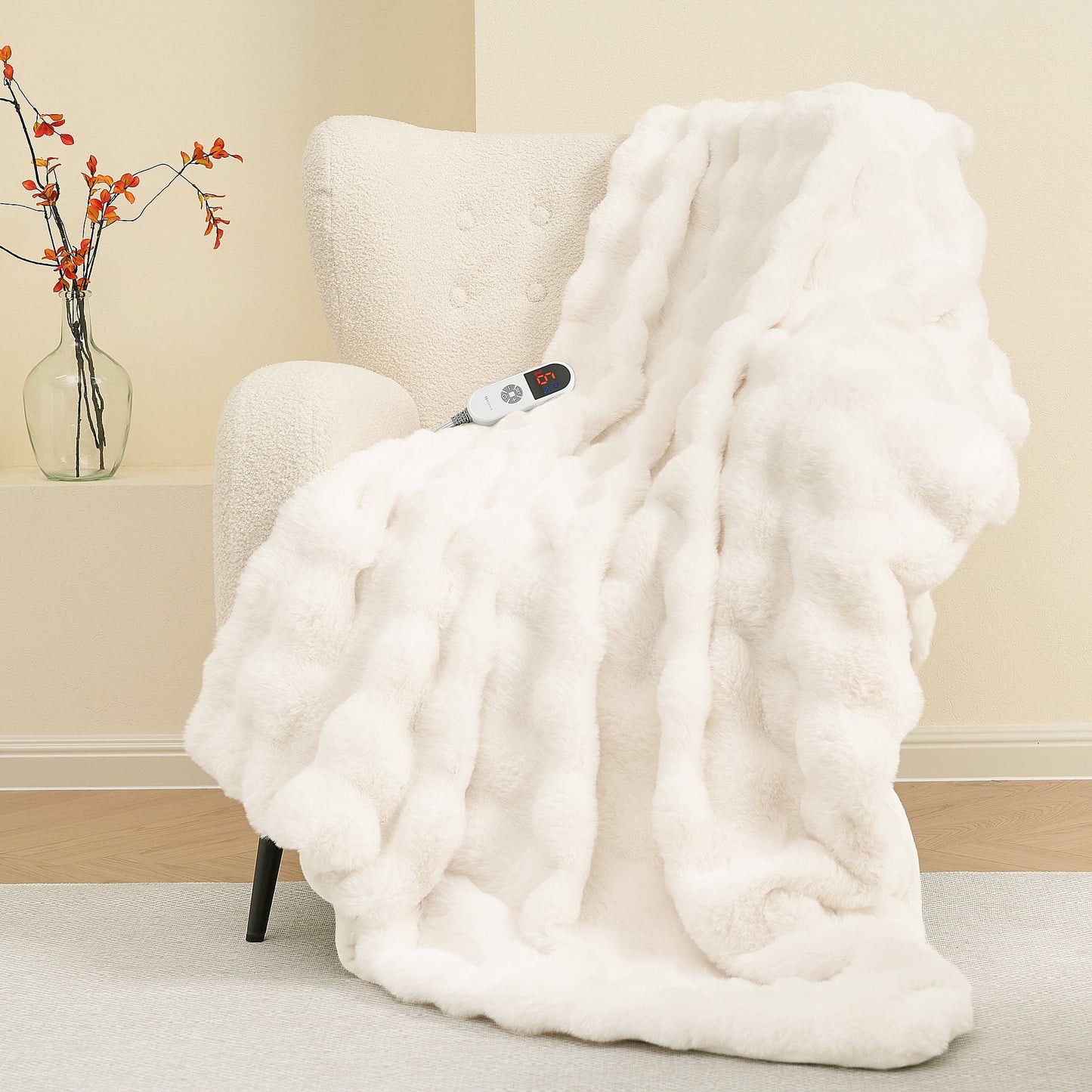MARNUR Electric Throw Blanket 50"x60", Faux Fur Heated Throw, 6 Heating Levels, 4 Hours Timer - White