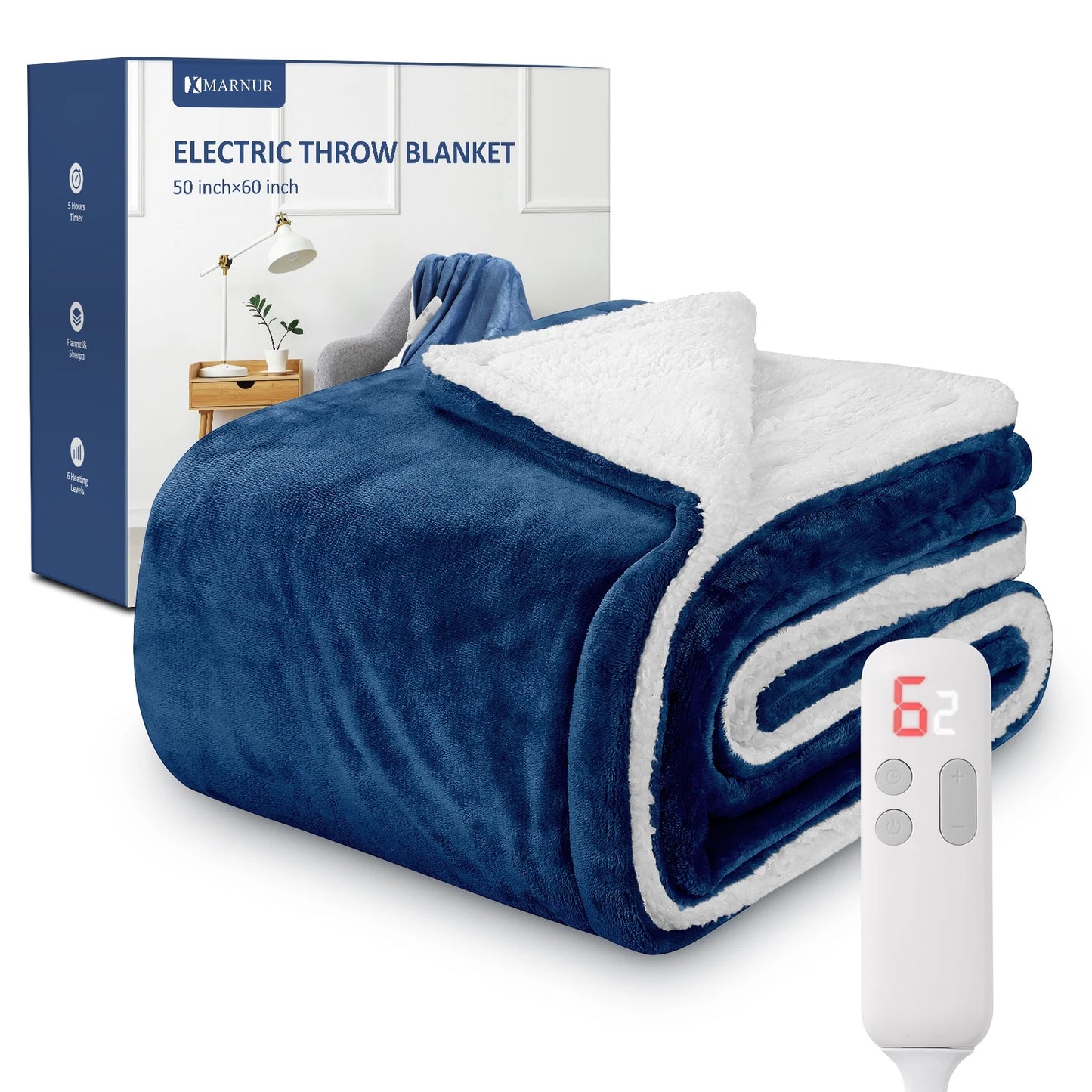 MARNUR Electric Throw Blanket 50"x60" Flannel & Sherpa Heated Blanket with 6 Heating Levels, 5 Hours Timer, Machine Washable - Blue