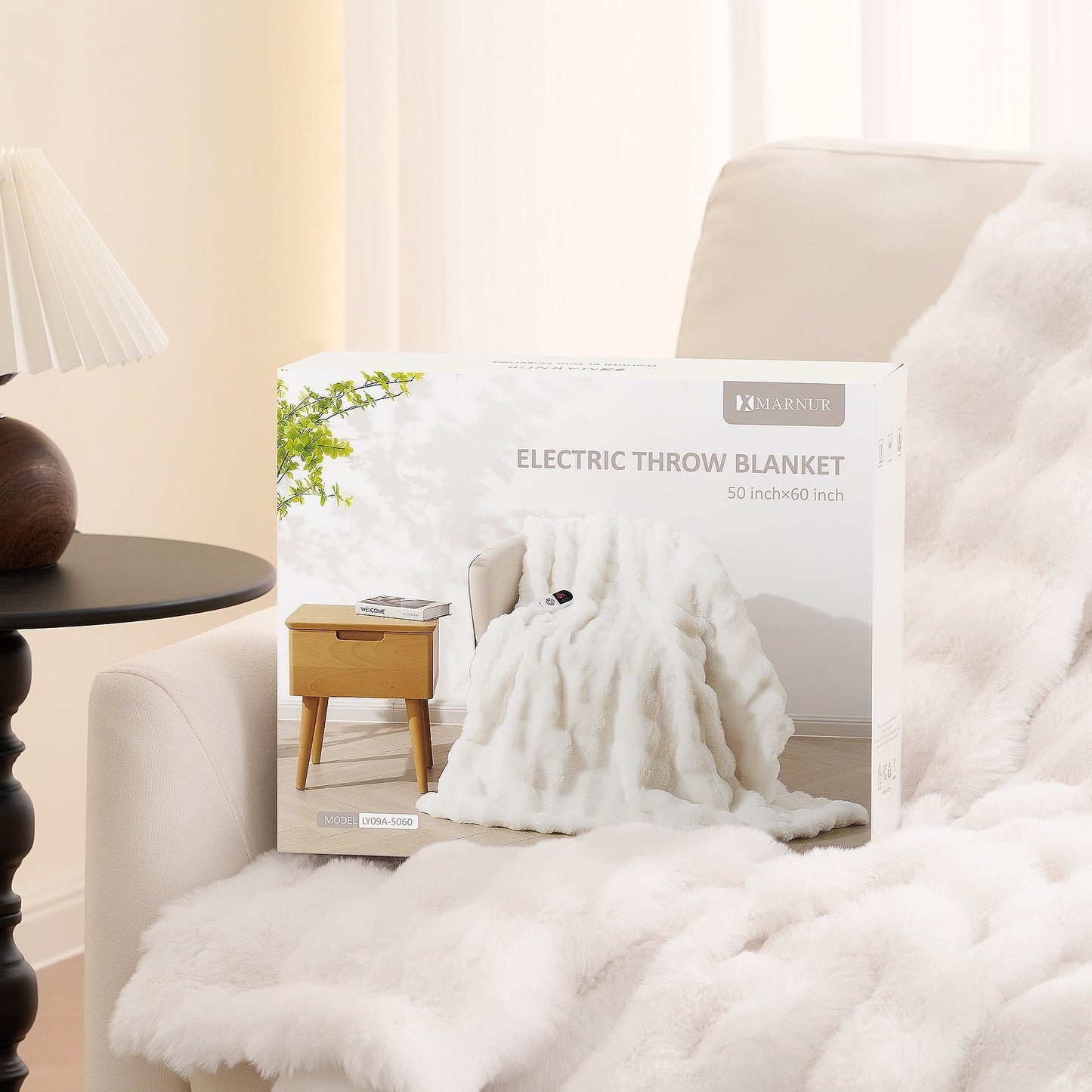 MARNUR 50"x60" Electric Blanket, Faux Fur Heated Blanket, 6 Heating Levels, 4-Hour Timer, White