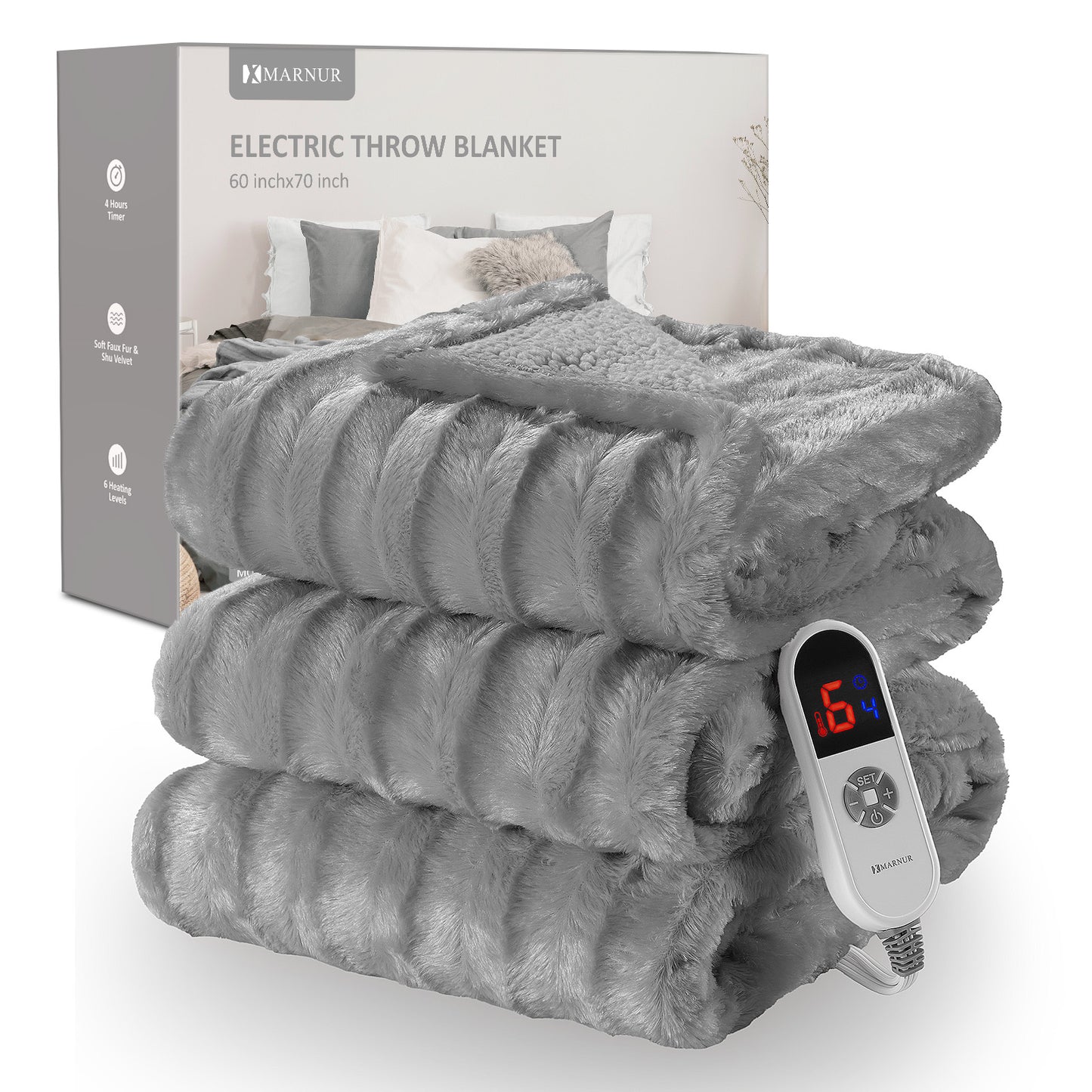 MARNUR Electric Throw Blanket Extra Large Size, 60" x 70" Soft Faux Fur Heated Blanket, 6 Heating Levels, 4 Hours Timer - Gray
