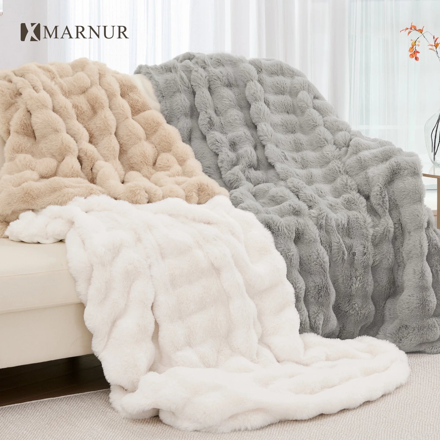 MARNUR 50"x60" Electric Blanket, Faux Fur Heated Blanket, 6 Heating Levels, 4-Hour Timer, Grey