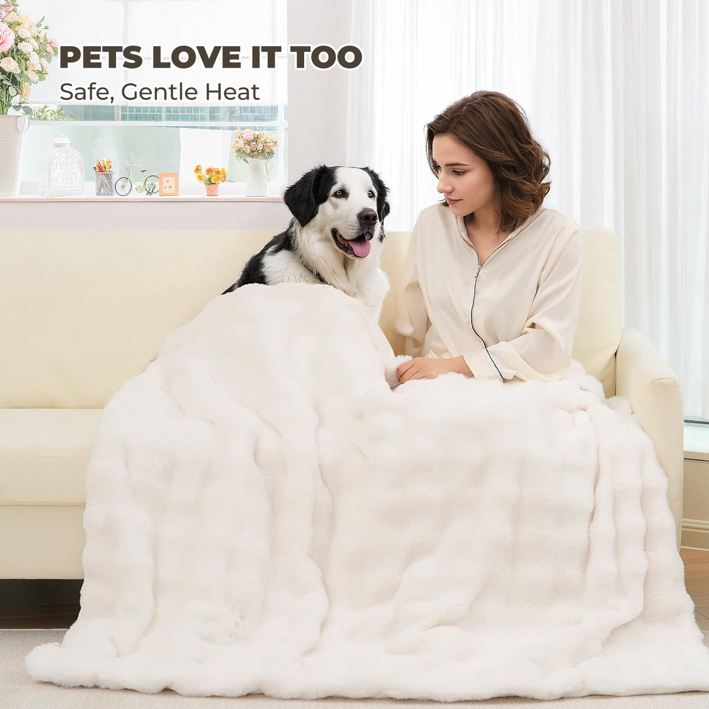 MARNUR 50"x60" Electric Blanket, Faux Fur Heated Blanket, 6 Heating Levels, 4-Hour Timer, White