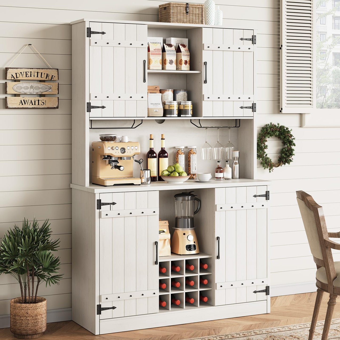 MARNUR 71" Kitchen Pantry, Farmhouse Storage Cabinet with 12 Wine Racks for Kitchen, Dining Room, White