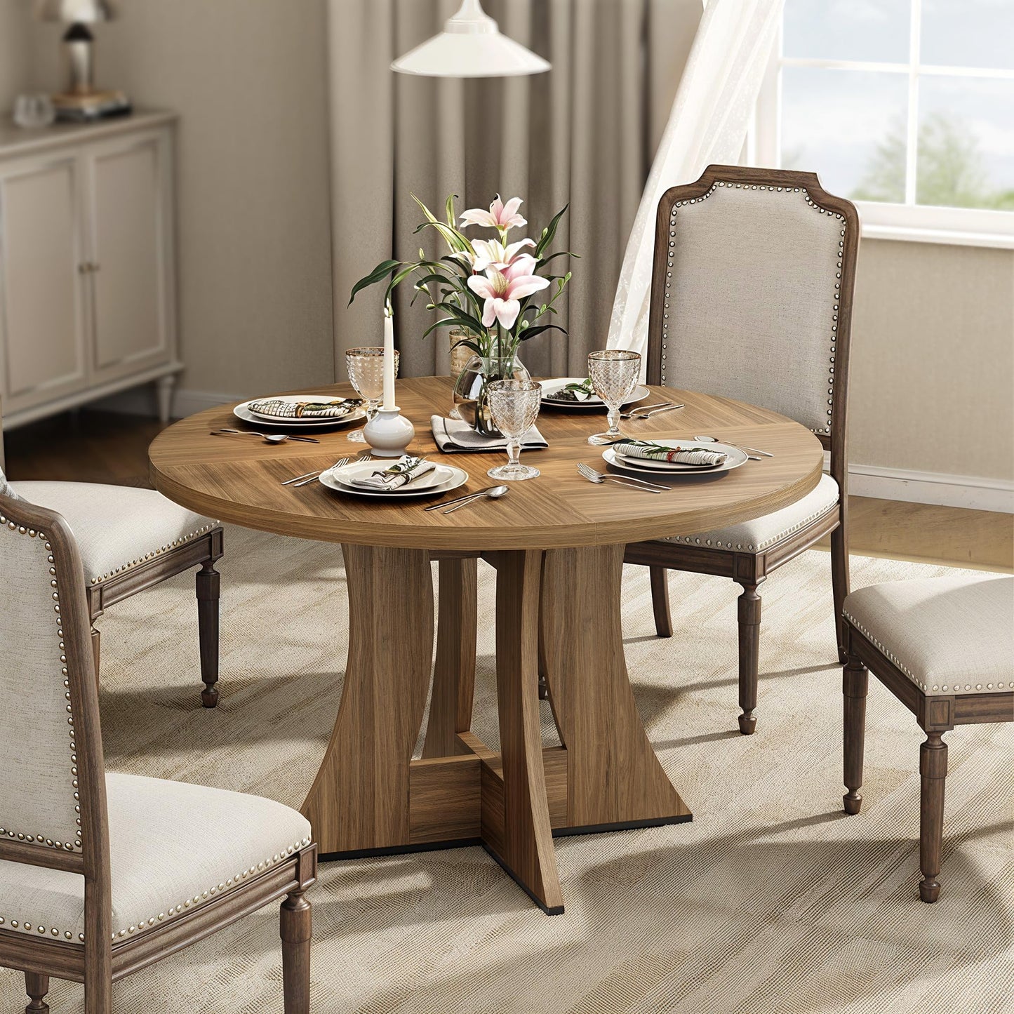MARNUR Round Dining Table for 4 Persons 47" Kitchen Table for Dining Room Kitchen, Walnut (Only Table)