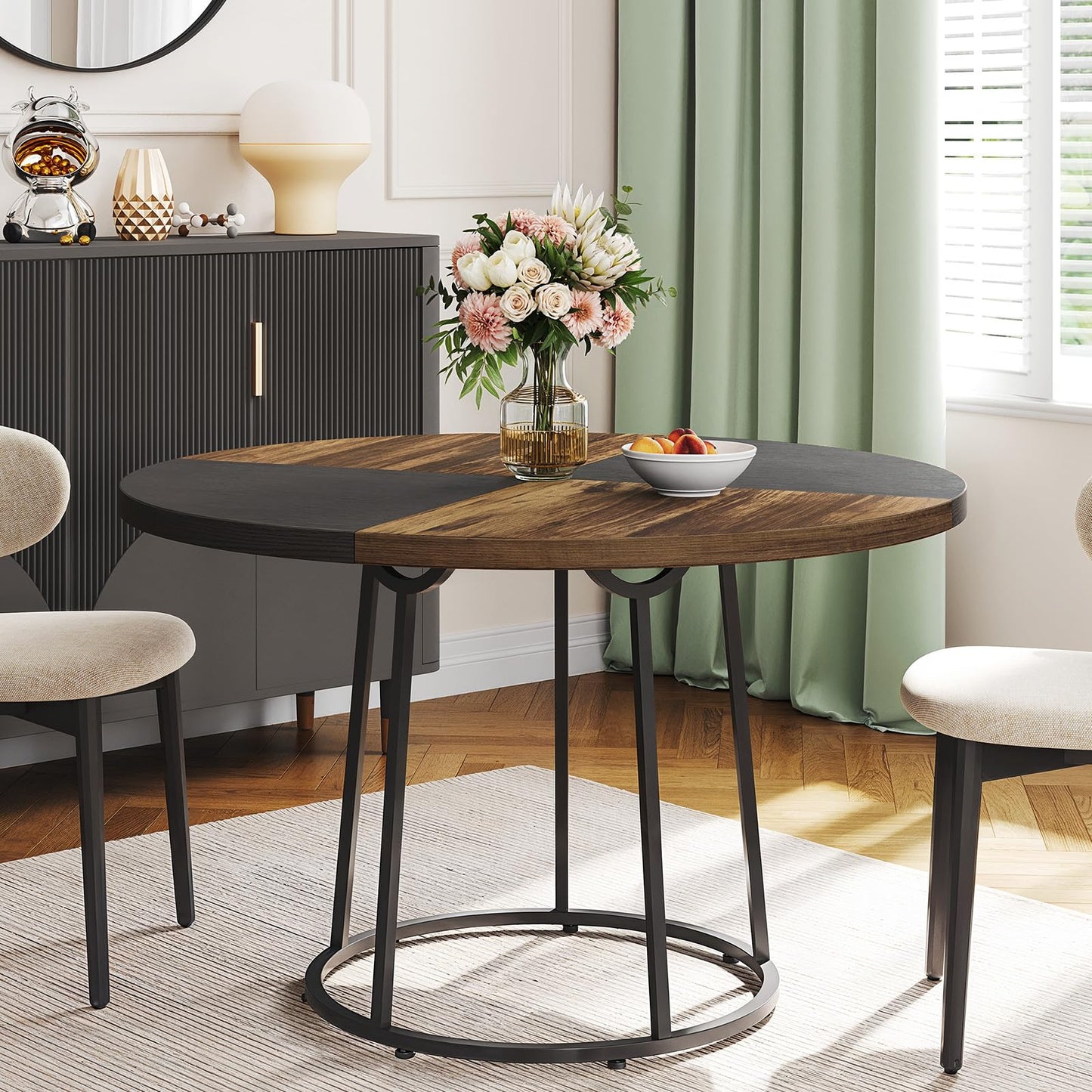 MARNUR Round Dining Table for 4-6 Persons 47" Kitchen Table for Dining Room Kitchen, Brown & Black