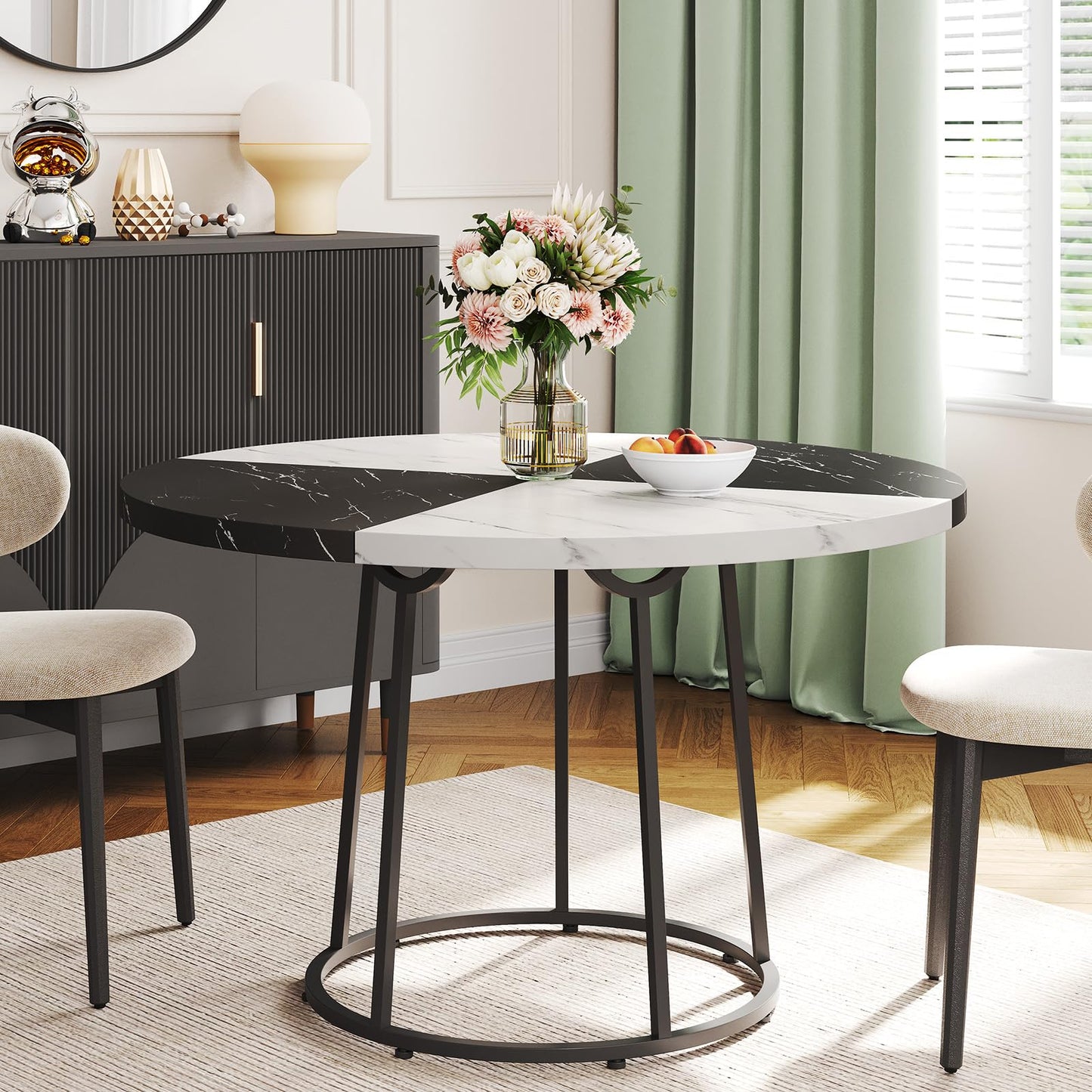 MARNUR Round Dining Table for 4-6 Persons 47" Kitchen Table for Dining Room Kitchen, White & Black