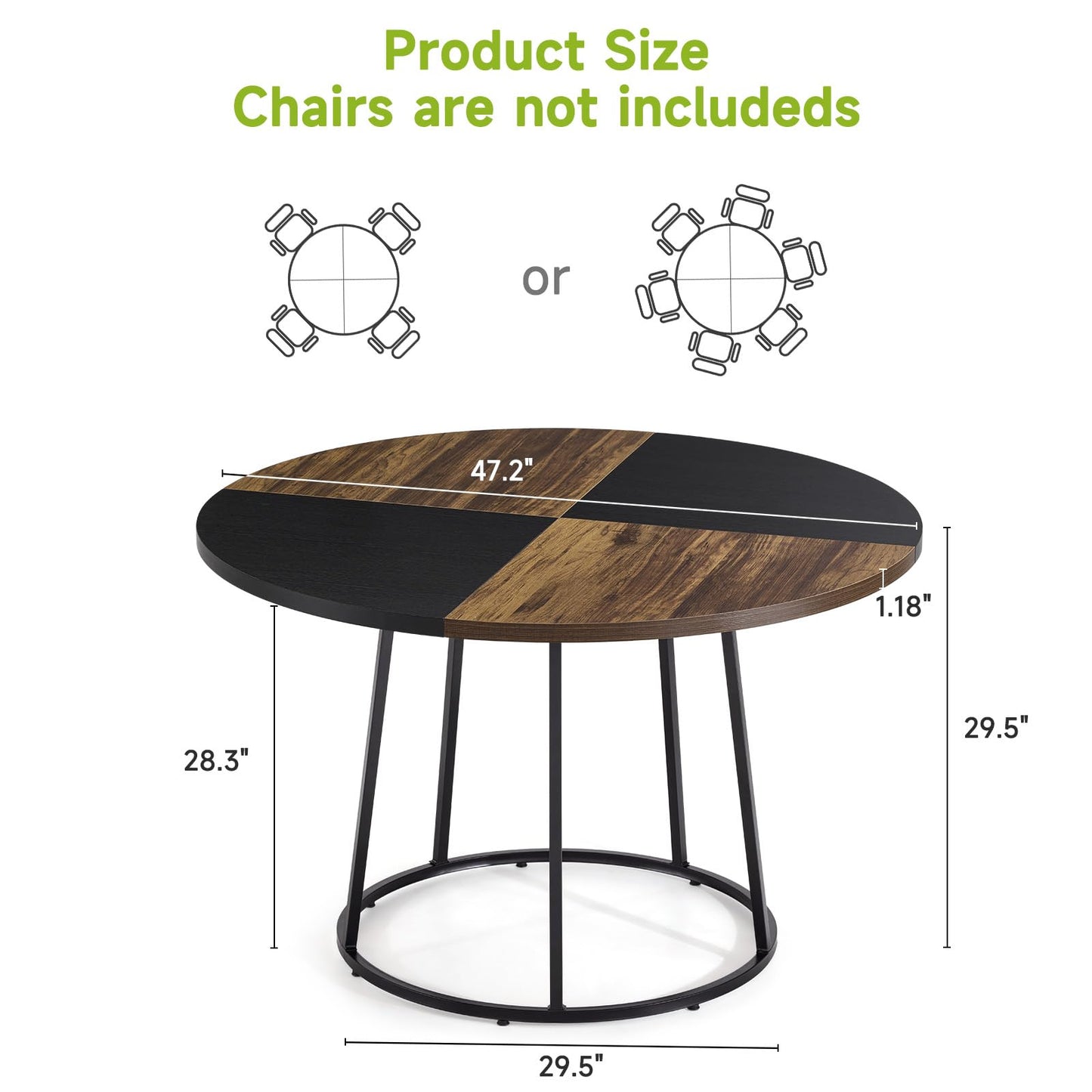 MARNUR Round Dining Table for 4-6 Persons 47" Kitchen Table for Dining Room Kitchen, Brown & Black