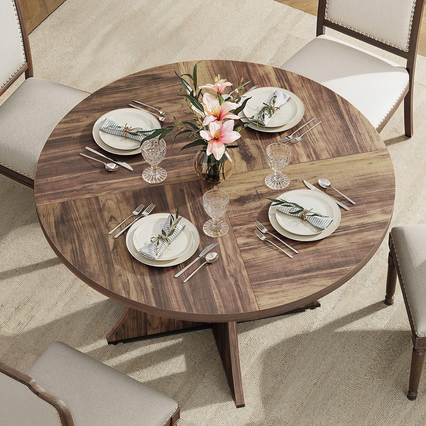 MARNUR Round Dining Table for 4 Persons 47" Modern Kitchen Table for Dining Room Kitchen, Brown (Only Table)