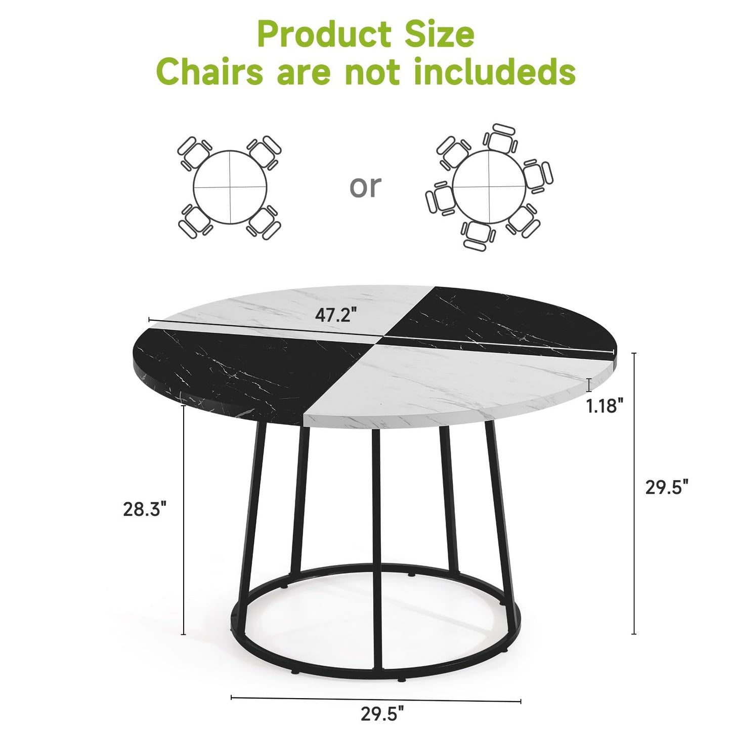 MARNUR Round Dining Table for 4-6 Persons 47" Kitchen Table for Dining Room Kitchen, White & Black