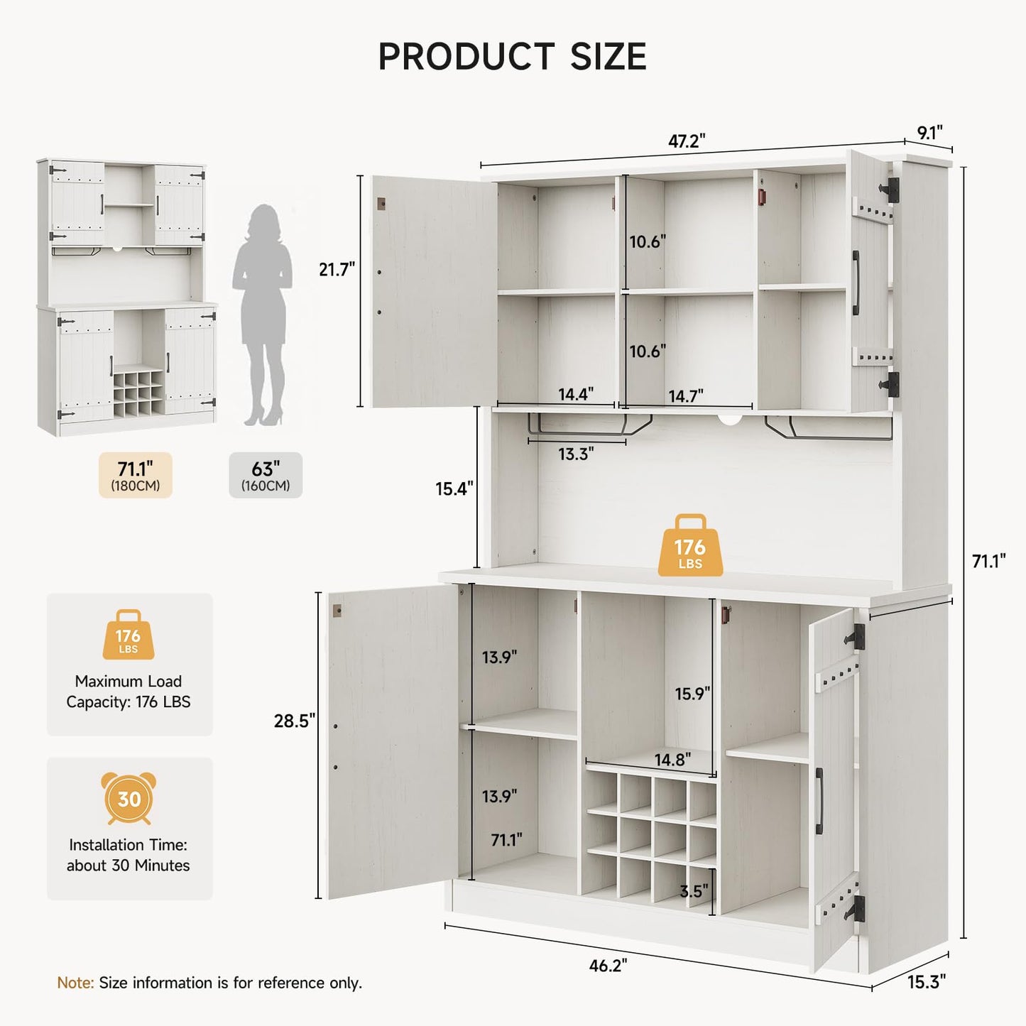 MARNUR 71" Kitchen Pantry, Farmhouse Storage Cabinet with 12 Wine Racks for Kitchen, Dining Room, White