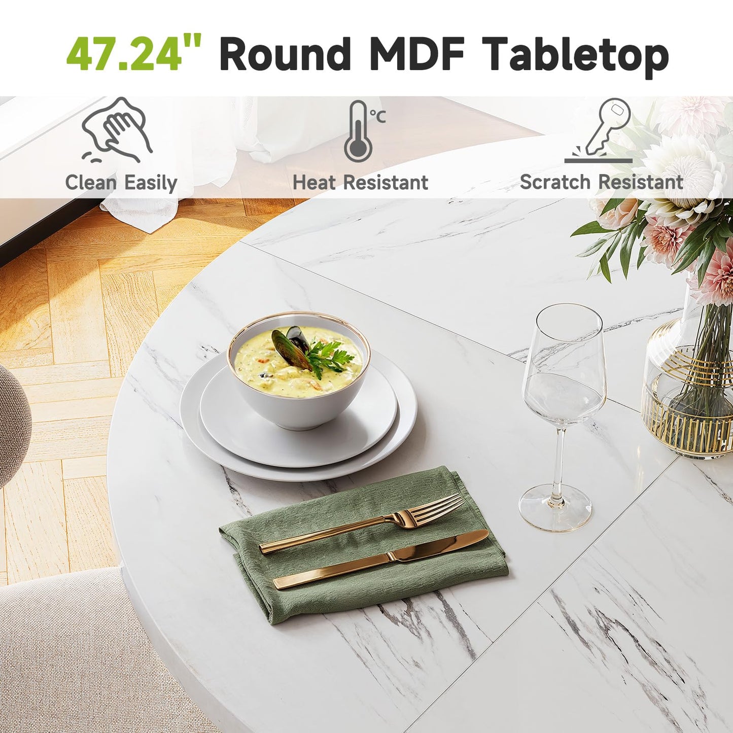 MARNUR Round Dining Table for 4-6 Persons 47" Kitchen Table for Dining Room Kitchen, White