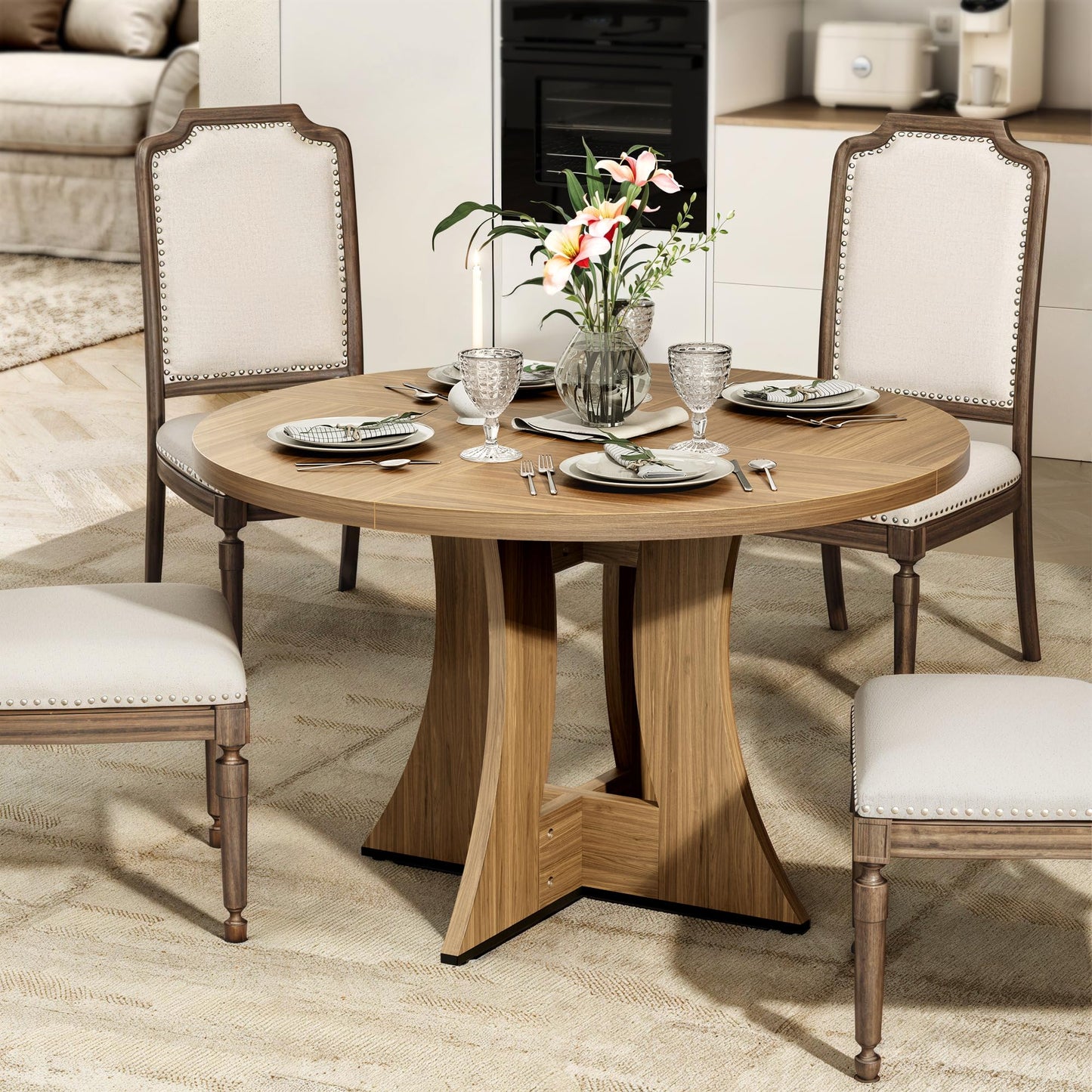 MARNUR Round Dining Table for 4 Persons 47" Kitchen Table for Dining Room Kitchen, Walnut (Only Table)