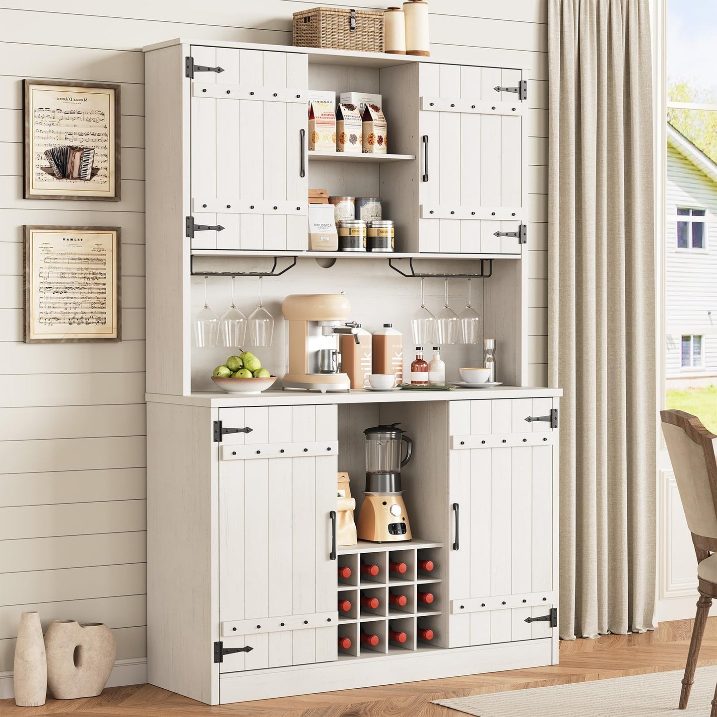 MARNUR 71" Kitchen Pantry, Farmhouse Storage Cabinet with 12 Wine Racks for Kitchen, Dining Room, White