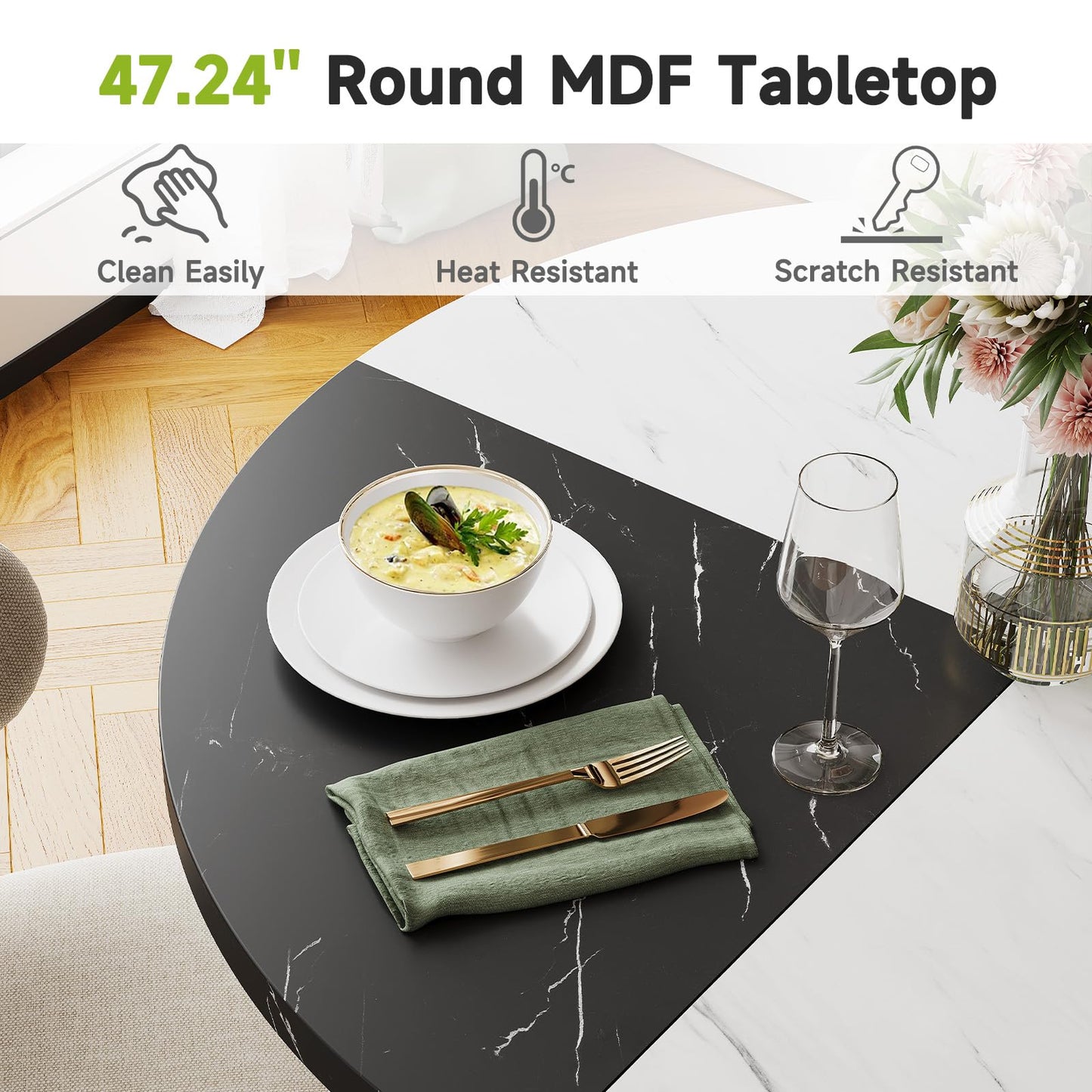 MARNUR Round Dining Table for 4-6 Persons 47" Kitchen Table for Dining Room Kitchen, White & Black