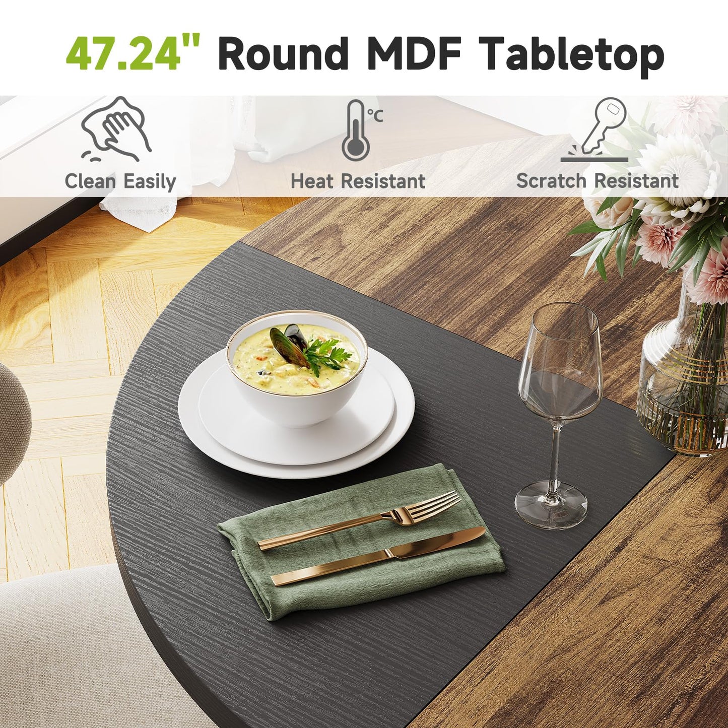 MARNUR Round Dining Table for 4-6 Persons 47" Kitchen Table for Dining Room Kitchen, Brown & Black