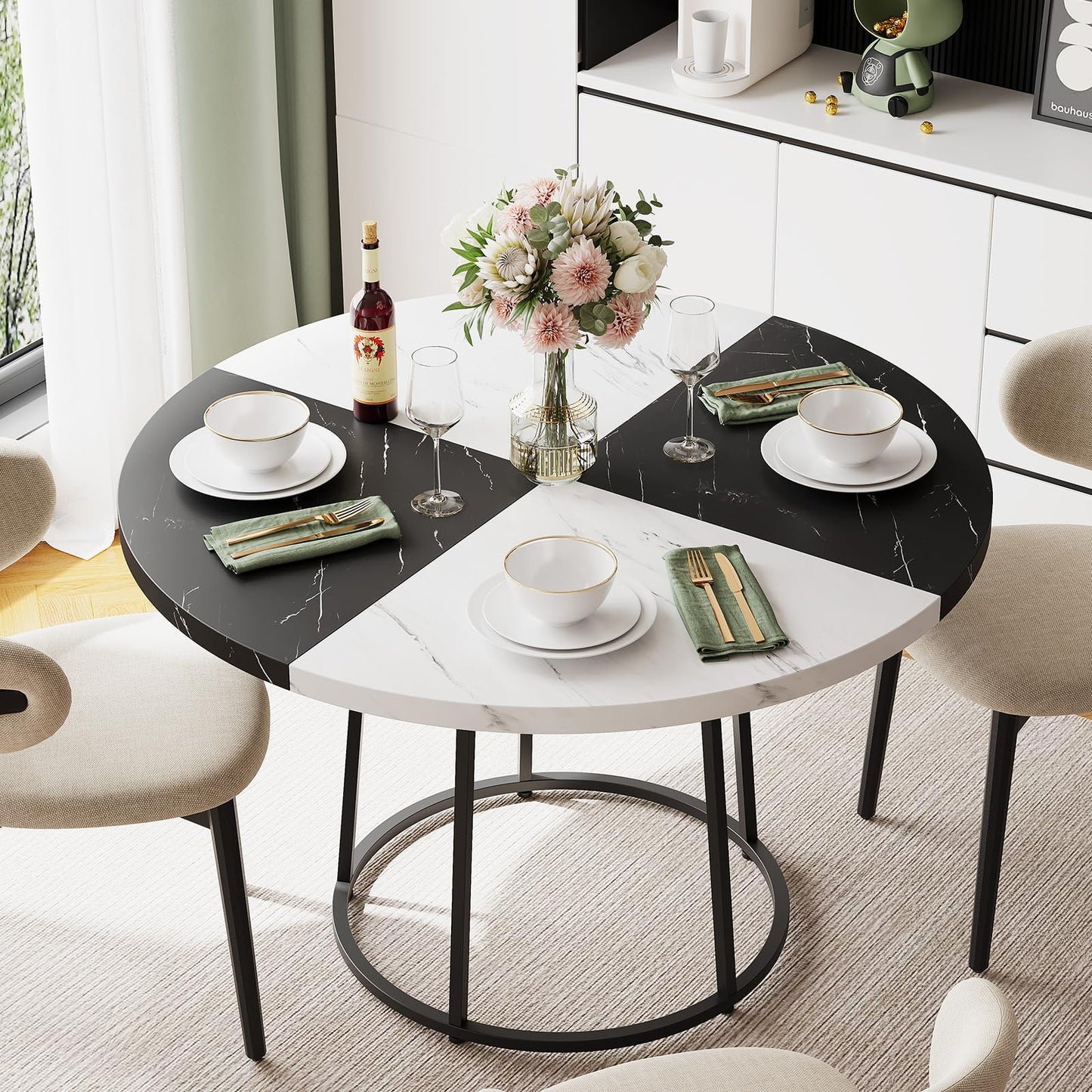 MARNUR Round Dining Table for 4-6 Persons 47" Kitchen Table for Dining Room Kitchen, White & Black