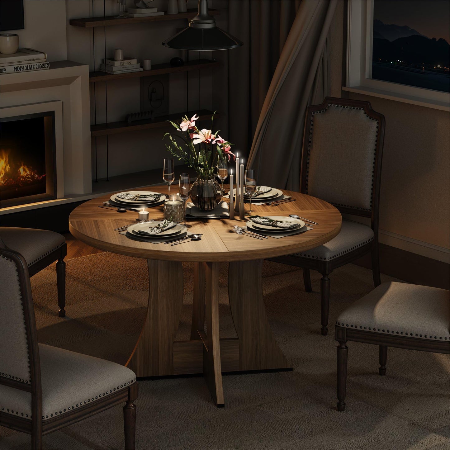 MARNUR Round Dining Table for 4 Persons 47" Kitchen Table for Dining Room Kitchen, Walnut (Only Table)