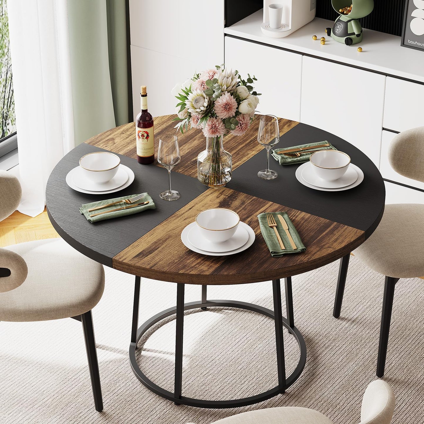 MARNUR Round Dining Table for 4-6 Persons 47" Kitchen Table for Dining Room Kitchen, Brown & Black