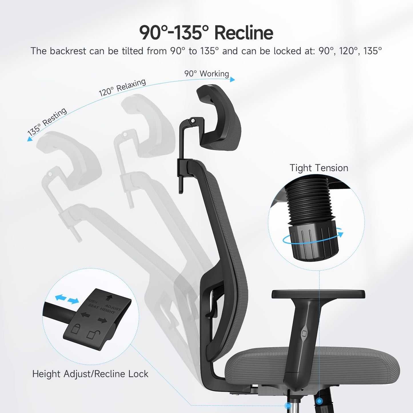 MARNUR Ergonomic Mesh Office Chair with Large Seat, High Back Office Chair with Tilt Lock Function, 2D Headrest, Adjustable Lumbar Support, Gray