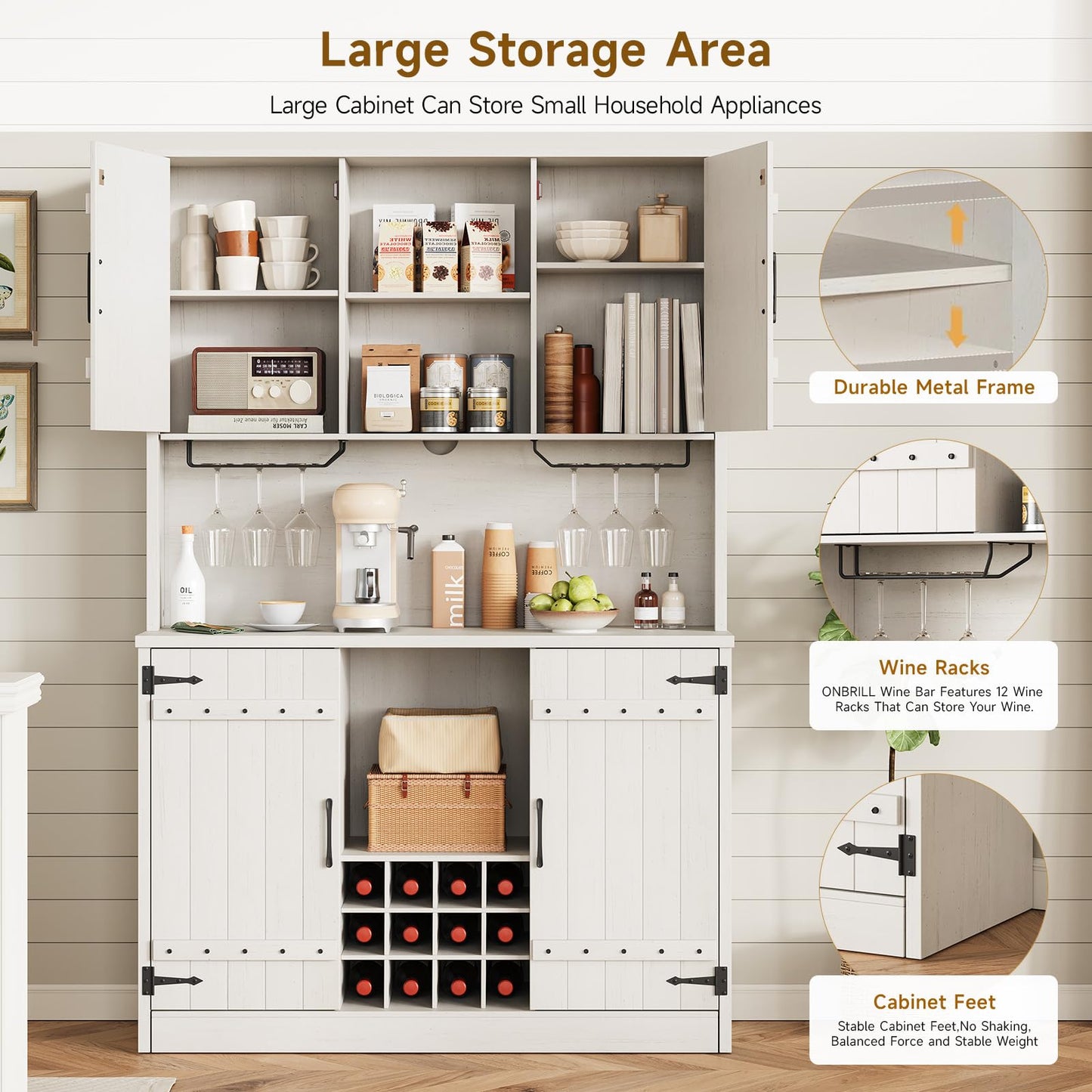 MARNUR 71" Kitchen Pantry, Farmhouse Storage Cabinet with 12 Wine Racks for Kitchen, Dining Room, White