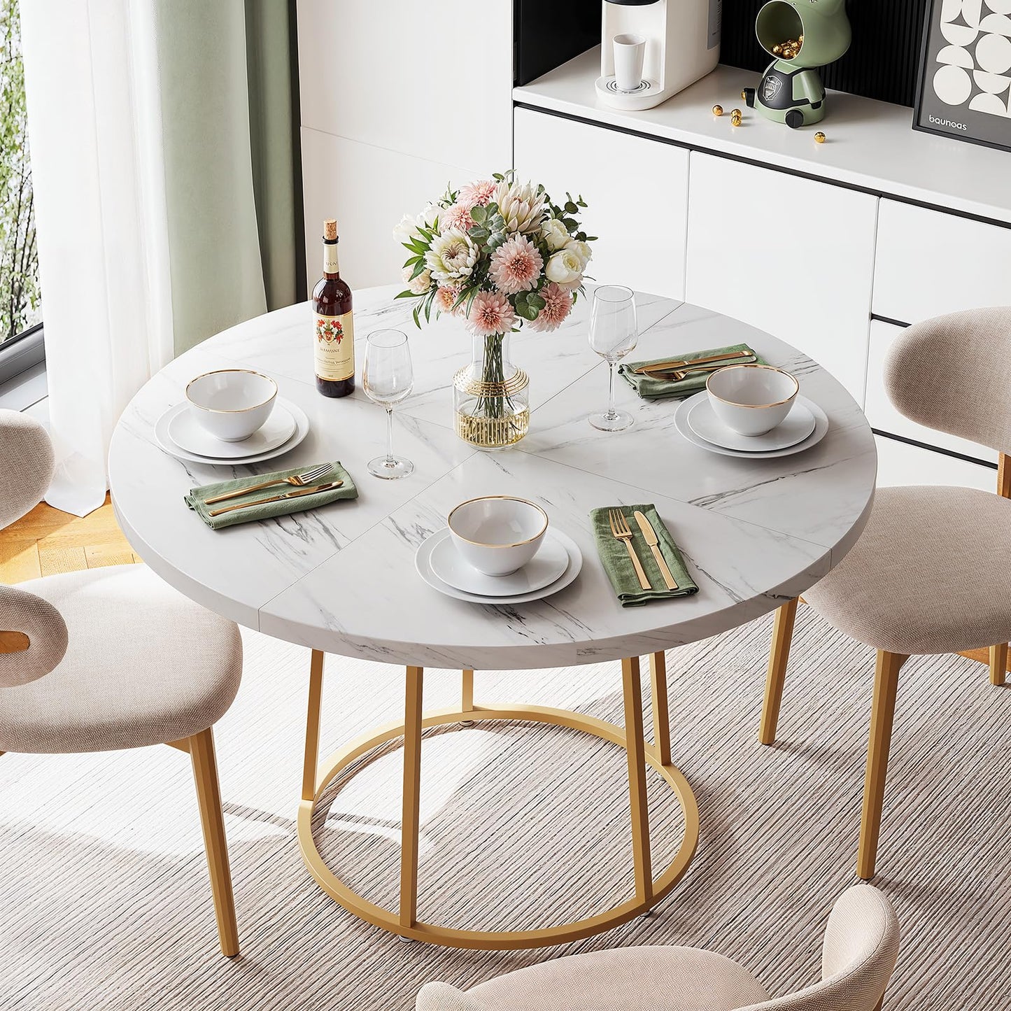 MARNUR Round Dining Table for 4-6 Persons 47" Kitchen Table for Dining Room Kitchen, White
