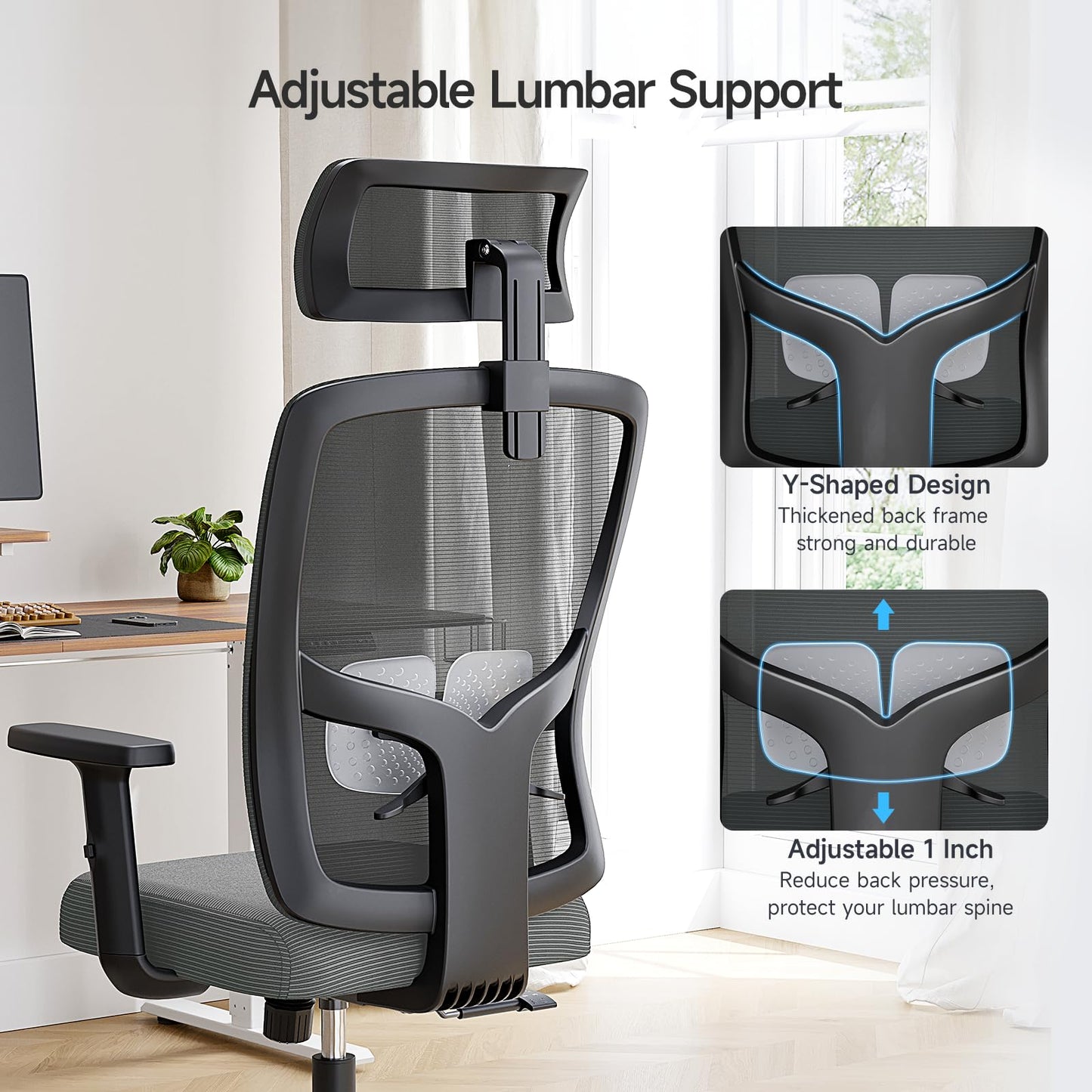 MARNUR Ergonomic Mesh Office Chair with Large Seat, High Back Office Chair with Tilt Lock Function, 2D Headrest, Adjustable Lumbar Support, Gray