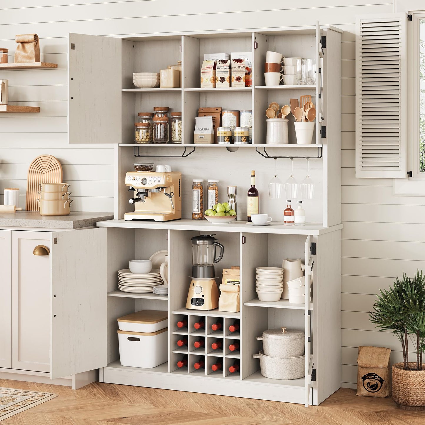 MARNUR 71" Kitchen Pantry, Farmhouse Storage Cabinet with 12 Wine Racks for Kitchen, Dining Room, White