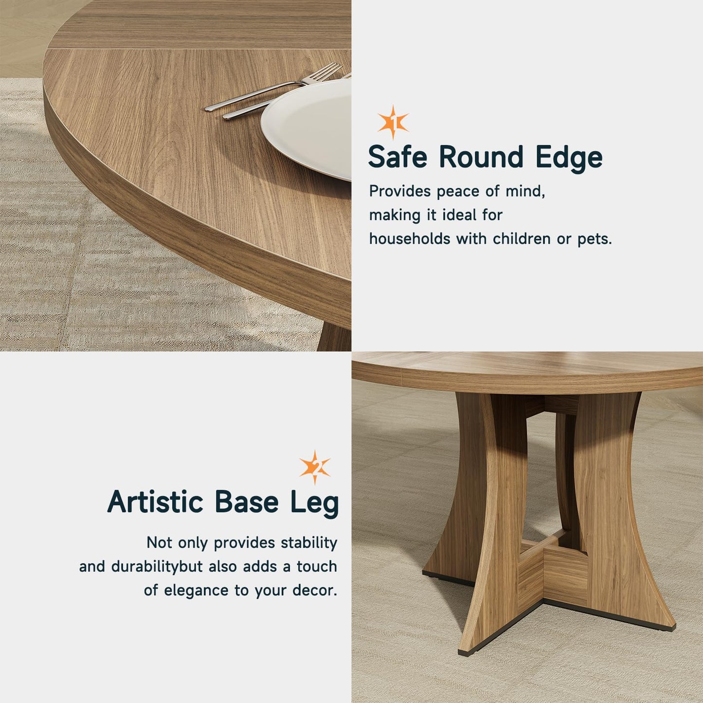MARNUR Round Dining Table for 4 Persons 47" Kitchen Table for Dining Room Kitchen, Walnut (Only Table)