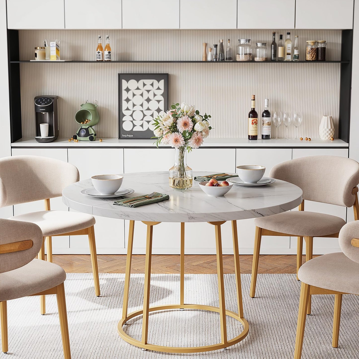 MARNUR Round Dining Table for 4-6 Persons 47" Kitchen Table for Dining Room Kitchen, White
