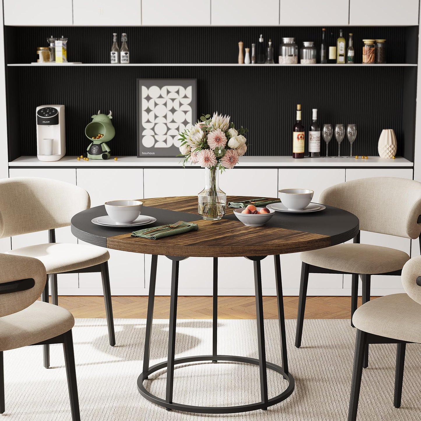 MARNUR Round Dining Table for 4-6 Persons 47" Kitchen Table for Dining Room Kitchen, Brown & Black