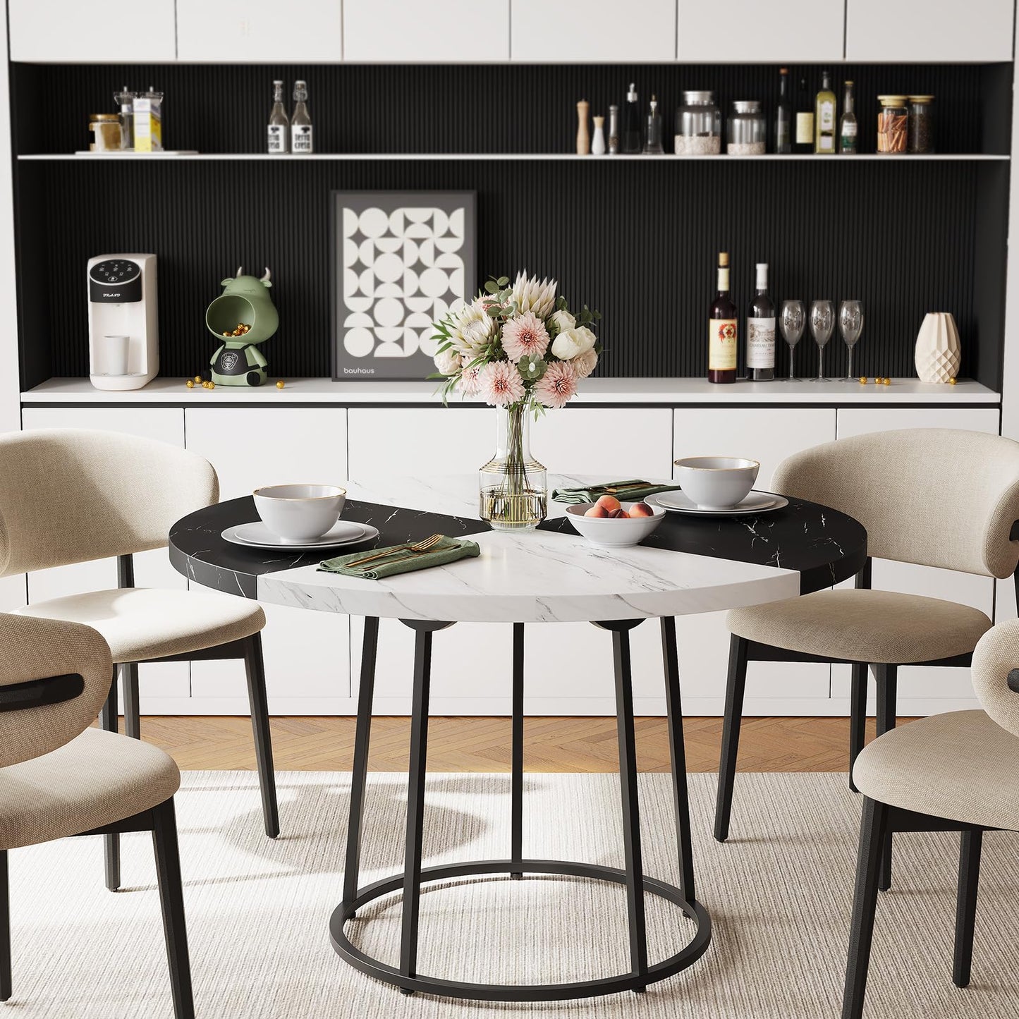MARNUR Round Dining Table for 4-6 Persons 47" Kitchen Table for Dining Room Kitchen, White & Black