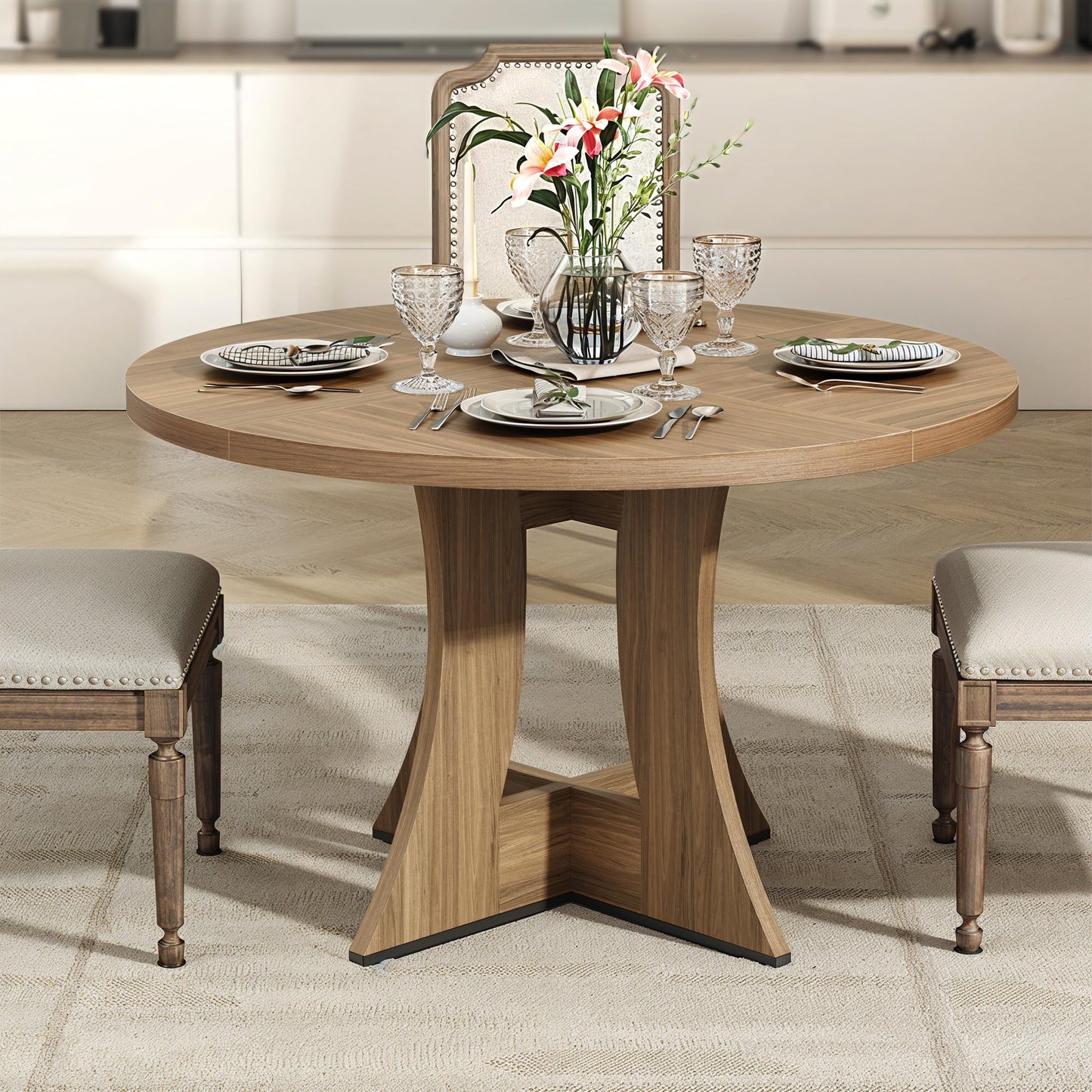 MARNUR Round Dining Table for 4 Persons 47" Kitchen Table for Dining Room Kitchen, Walnut (Only Table)