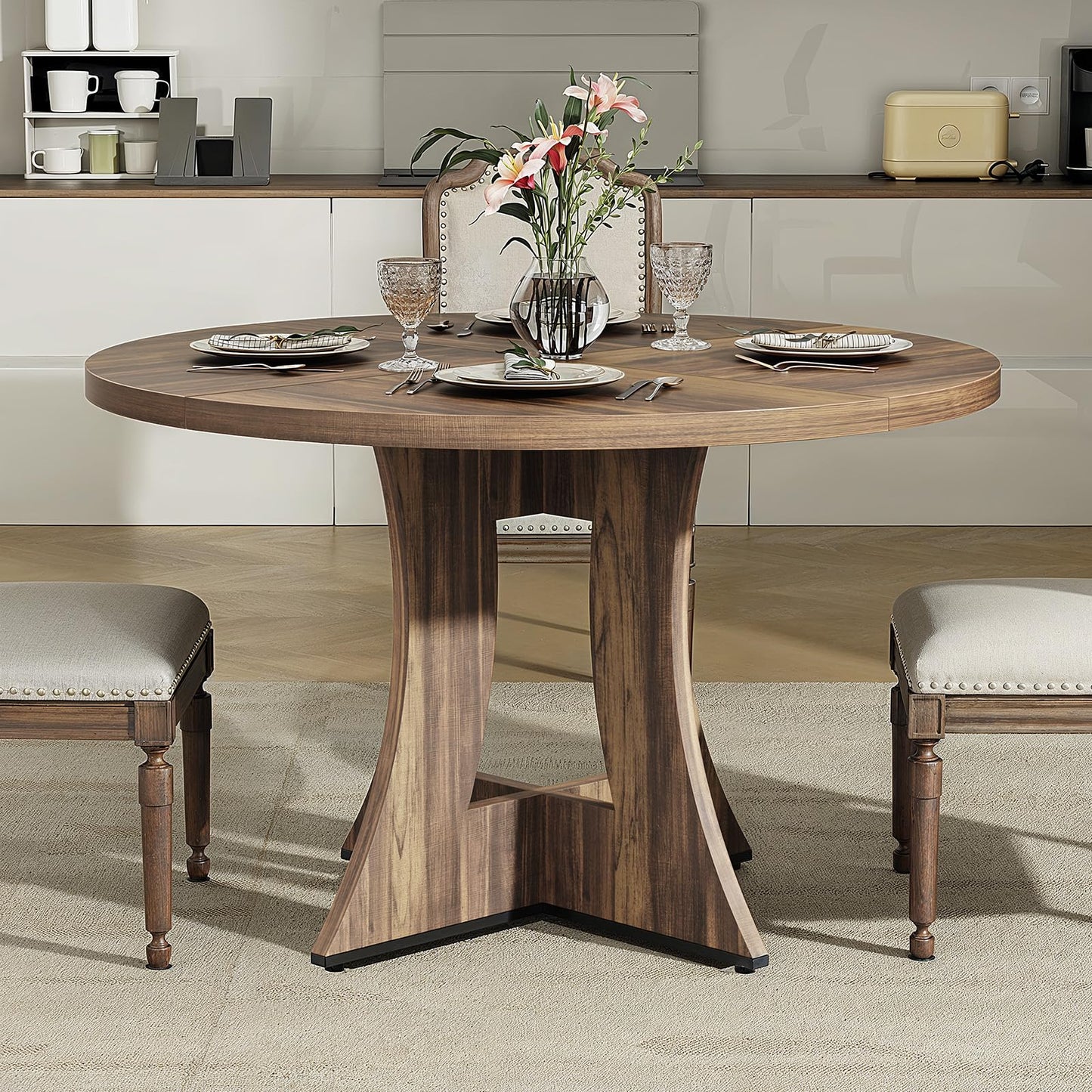 MARNUR Round Dining Table for 4 Persons 47" Modern Kitchen Table for Dining Room Kitchen, Brown (Only Table)