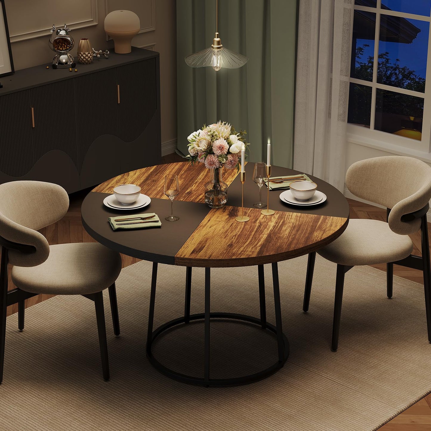MARNUR Round Dining Table for 4-6 Persons 47" Kitchen Table for Dining Room Kitchen, Brown & Black