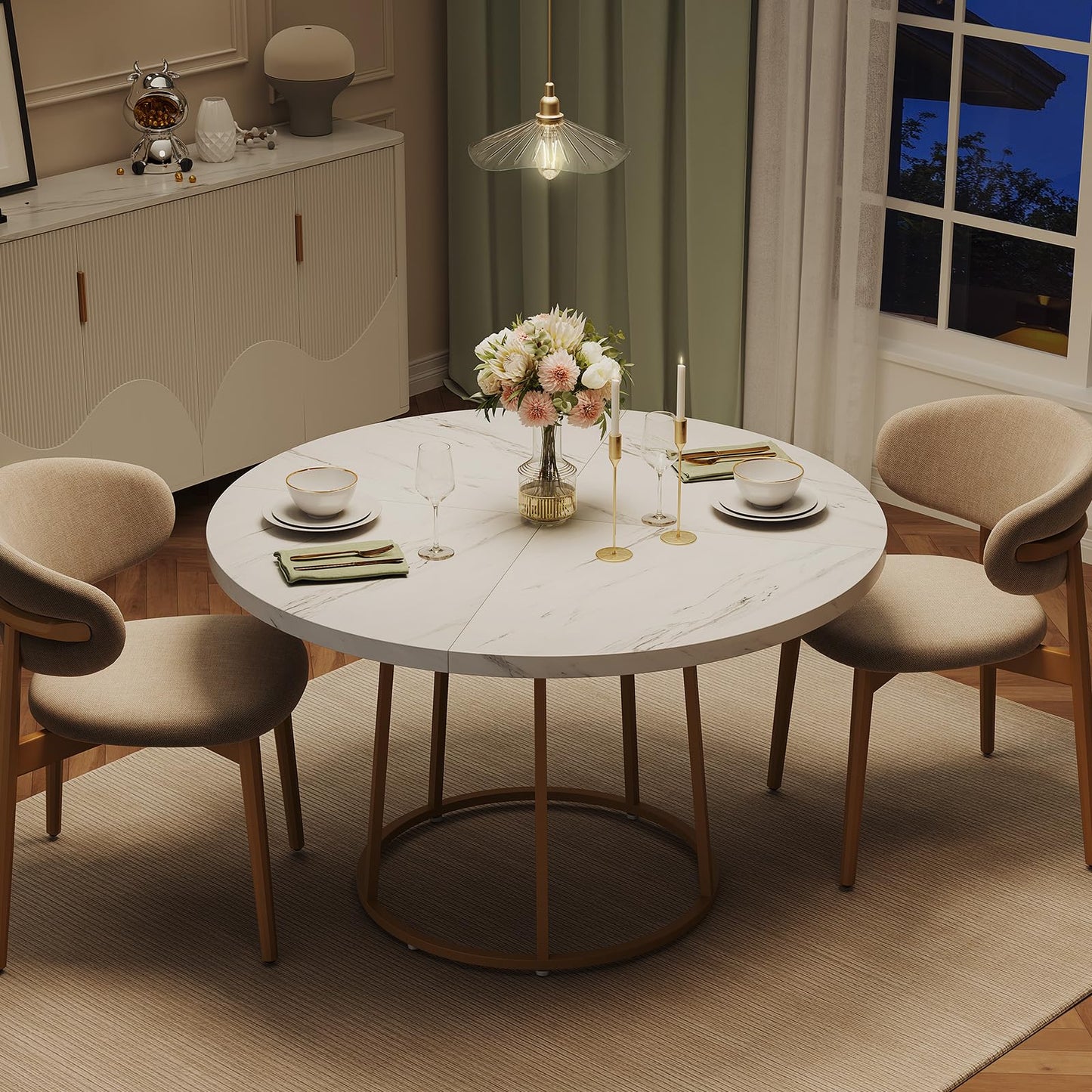 MARNUR Round Dining Table for 4-6 Persons 47" Kitchen Table for Dining Room Kitchen, White