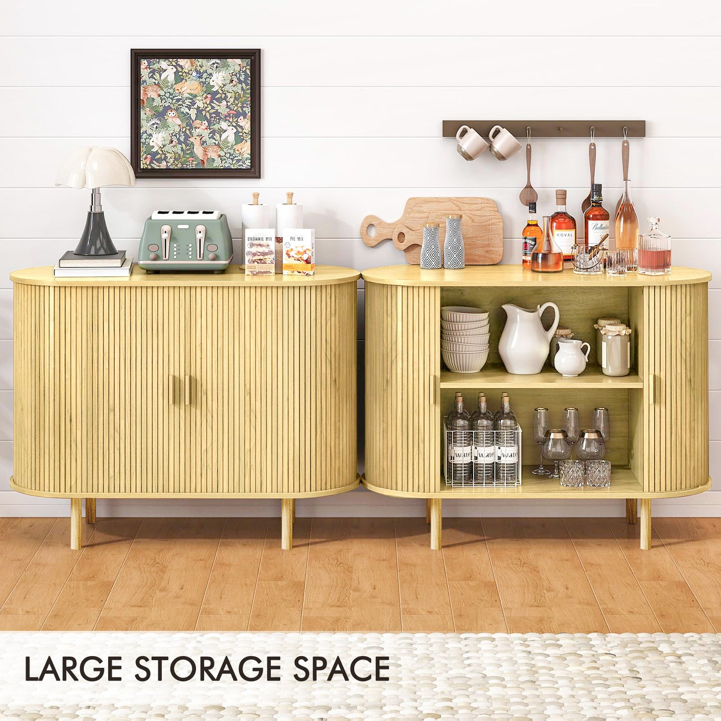 MARNUR Sideboard Buffet Cabinet 40" Storage Cabinet with 2 Sliding Tambour Doors, Adjustable Shelves for Office Bedroom Hallway Entryway, Oak