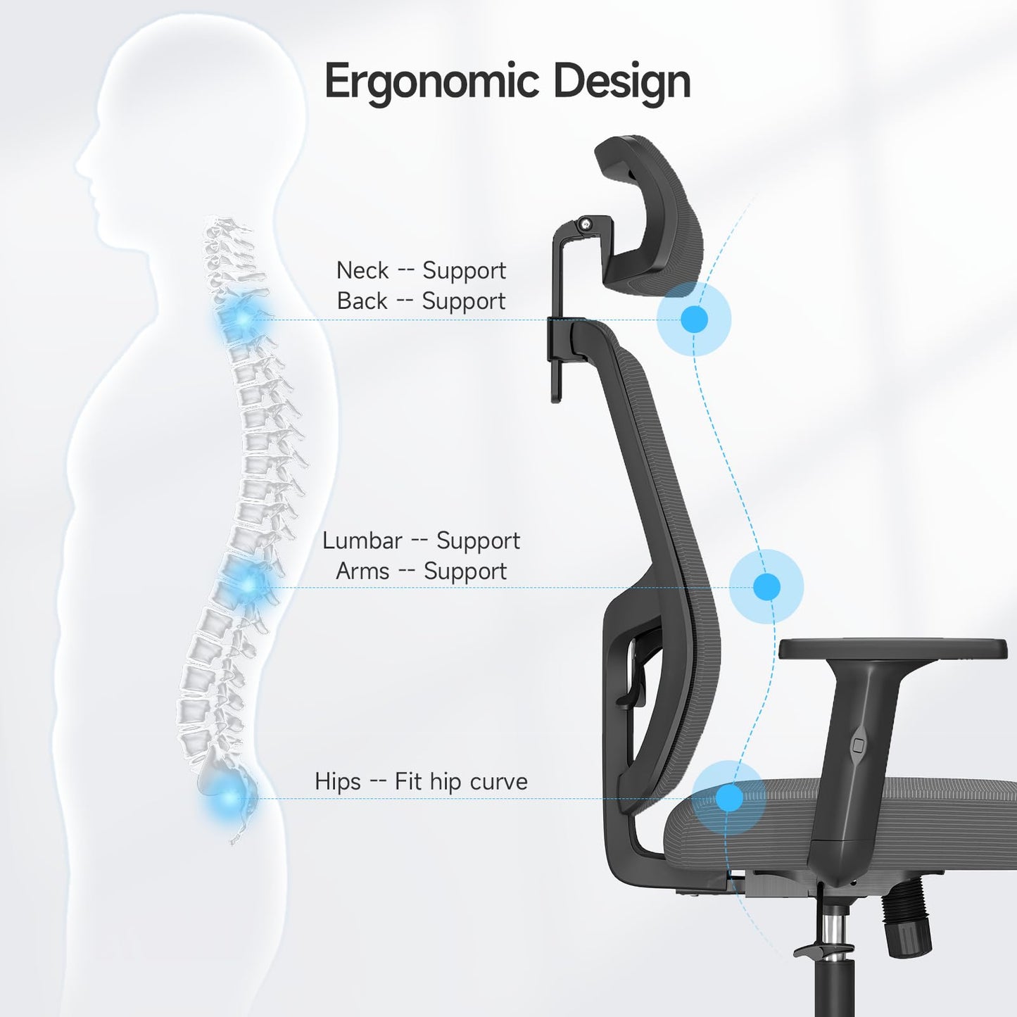 MARNUR Ergonomic Mesh Office Chair with Large Seat, High Back Office Chair with Tilt Lock Function, 2D Headrest, Adjustable Lumbar Support, Gray