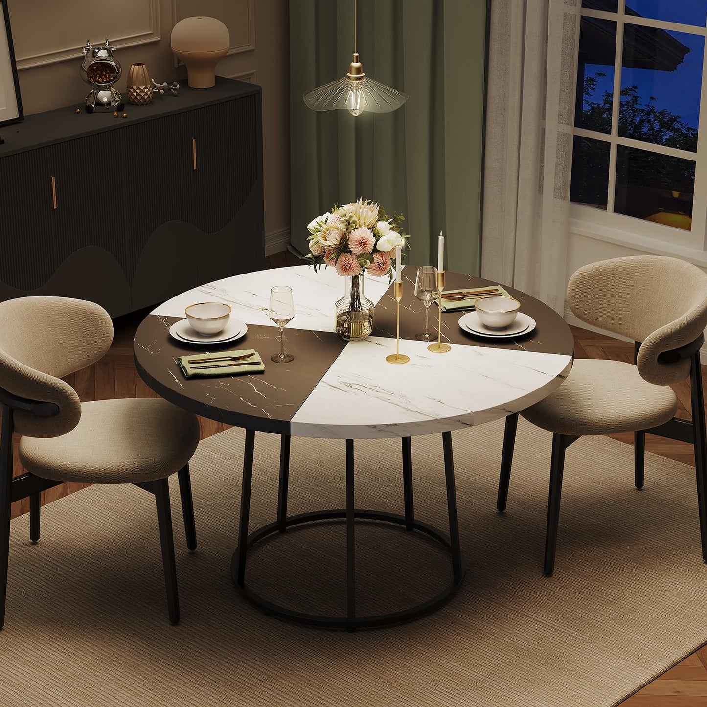 MARNUR Round Dining Table for 4-6 Persons 47" Kitchen Table for Dining Room Kitchen, White & Black
