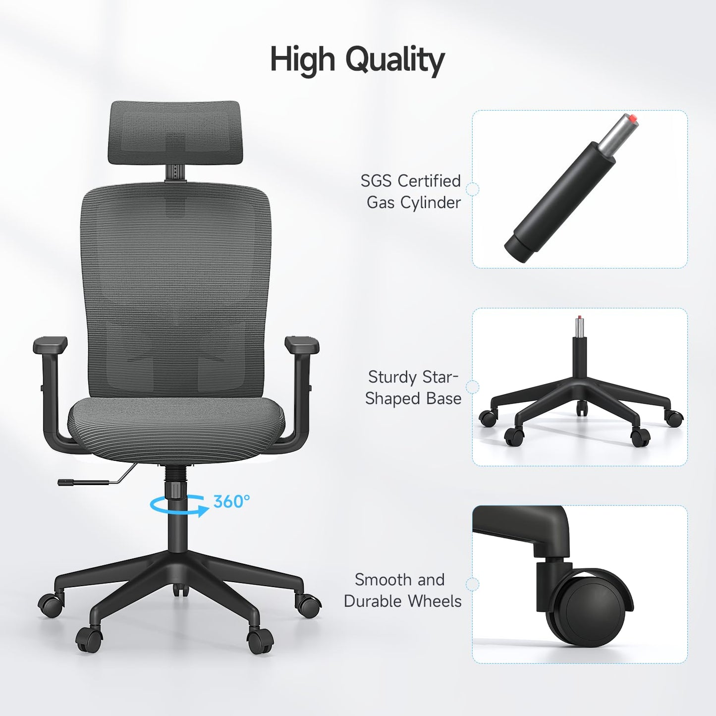 MARNUR Ergonomic Mesh Office Chair with Large Seat, High Back Office Chair with Tilt Lock Function, 2D Headrest, Adjustable Lumbar Support, Gray