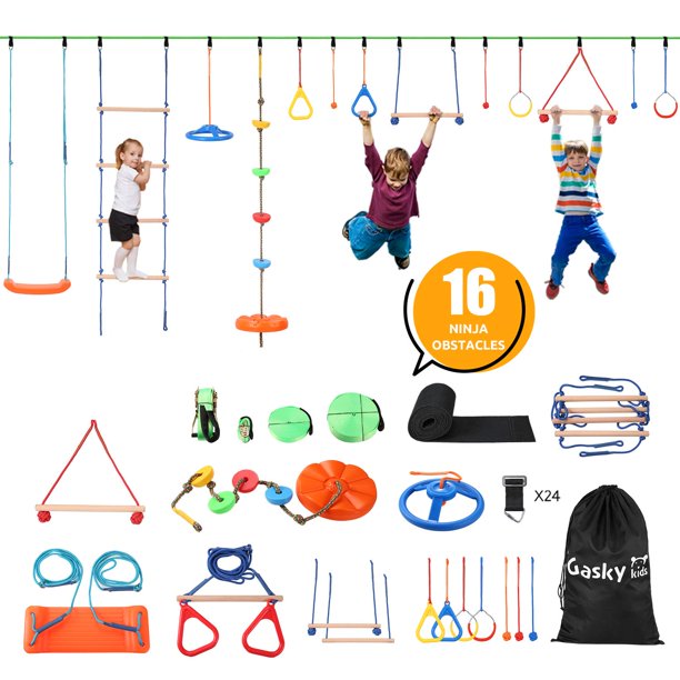Load image into Gallery viewer, Ninja Warrior Obstacle Course for Kids Ninja Slackline Kit Backyard Outside with 2×55 ft Slackline 16 Accessories for Kids, Slackline Capacity 1320lbs with Adjustable Buckles Tree Protectors Carry Bag