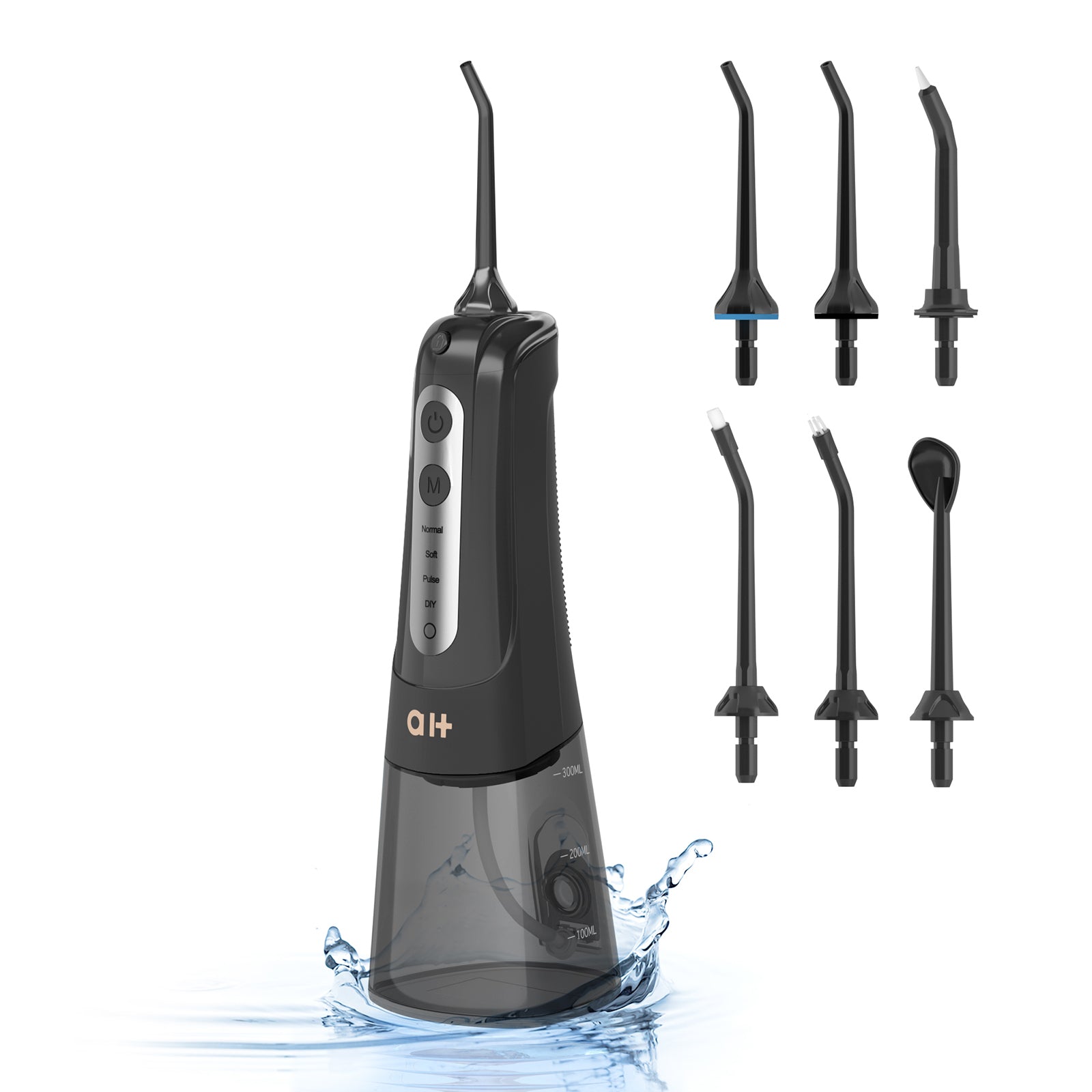Load image into Gallery viewer, Water Flosser Cordless Portable Oral Irrigator with 4 Cleaning Modes, Removable Water Tank of 300 ML, 360-Degree Rotation, 7 Multifunctional Heads, USB Rechargeable, Black