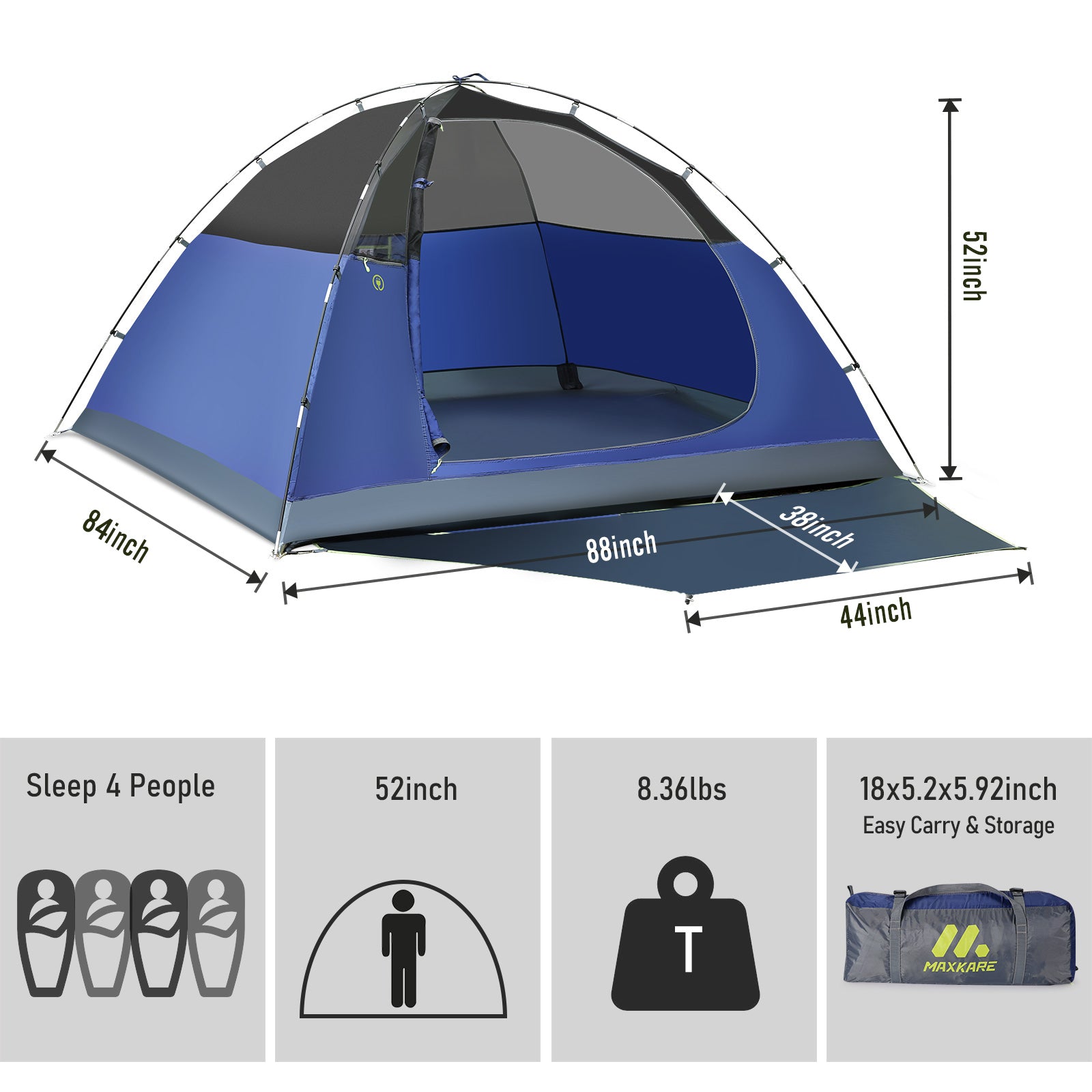Load image into Gallery viewer, Dome Tent 4 Person Camp Tent with Porch, Rainfly, Easy Set Up for Camping, Backpacking & Hiking, Fishing Outdoor - Blue