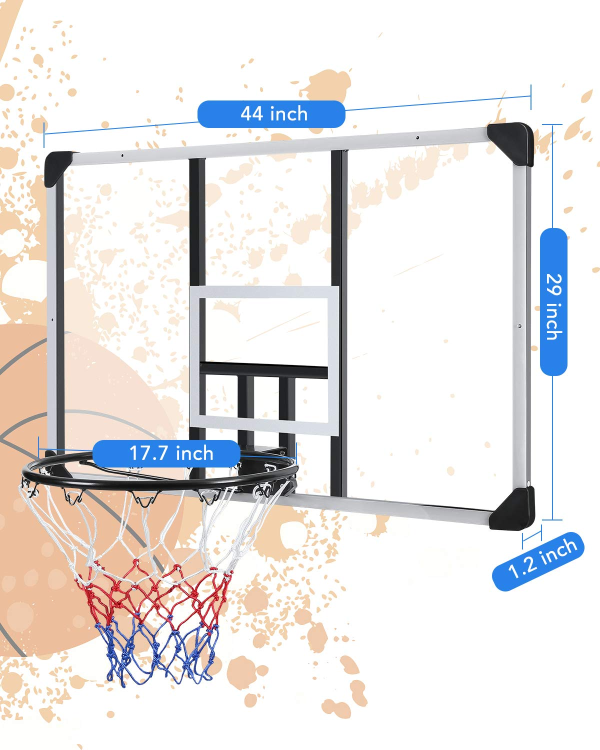 Load image into Gallery viewer, 44 Inch Basketball Backboard Wall-Mount Hoops & Goals Rim Combo Kit&Shatterproof Polycarbonate Board&All-Steel Rustproof Frame&for Standard No.7 Balls