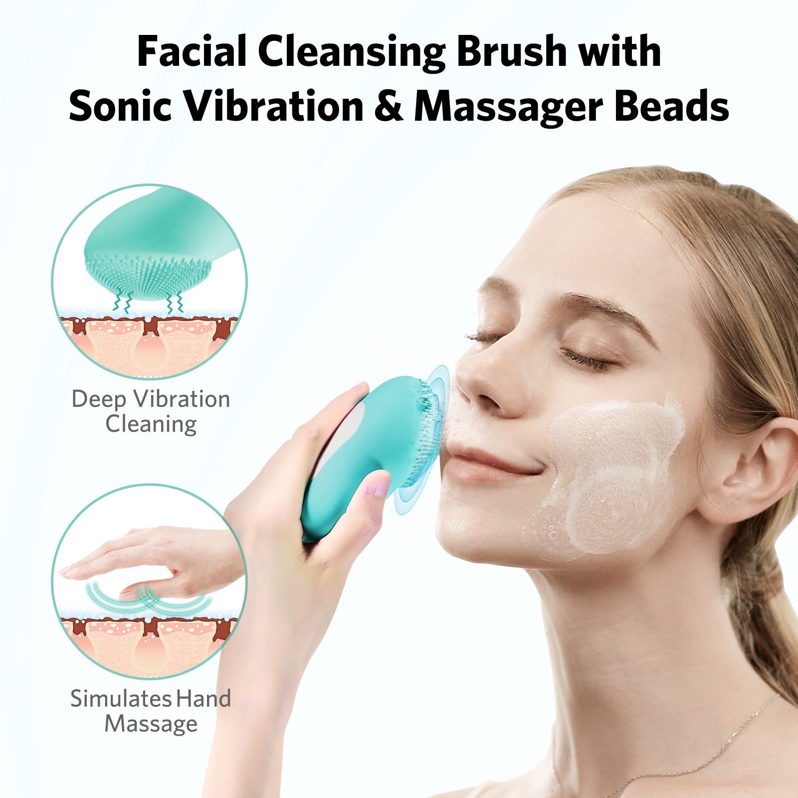 Load image into Gallery viewer, Facial Cleansing Brush, Soft Silicone, Ultrasonic Waterproof Face Cleansing Massager, 6 Function Modes with Rotating Magnetic Beads for Deep Cleansing Exfoliating, Rechargeable and Portable, Cyan